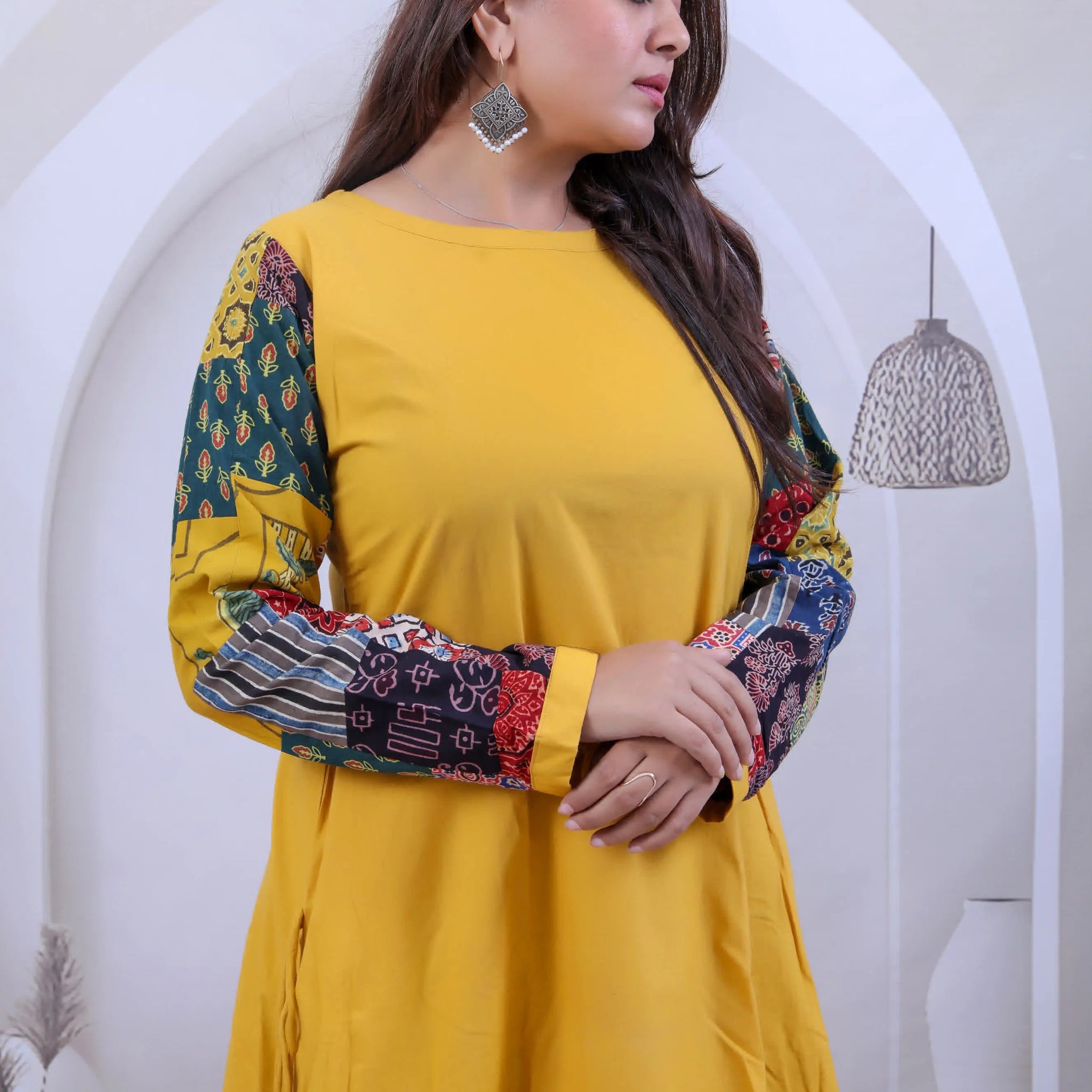 Kajal Multi Ajarakh Patchwork Sleeve Mustard Cotton Kurti RAKHIYO