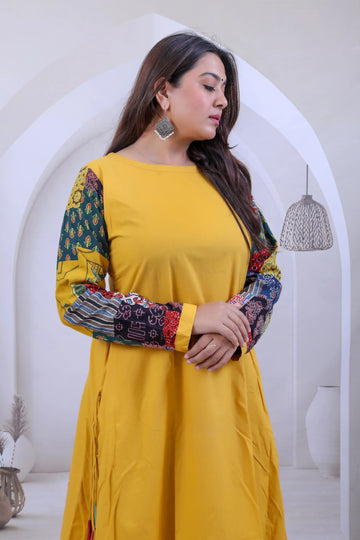 Kajal Multi Ajarakh Patchwork Sleeve Mustard Cotton Kurti RAKHIYO
