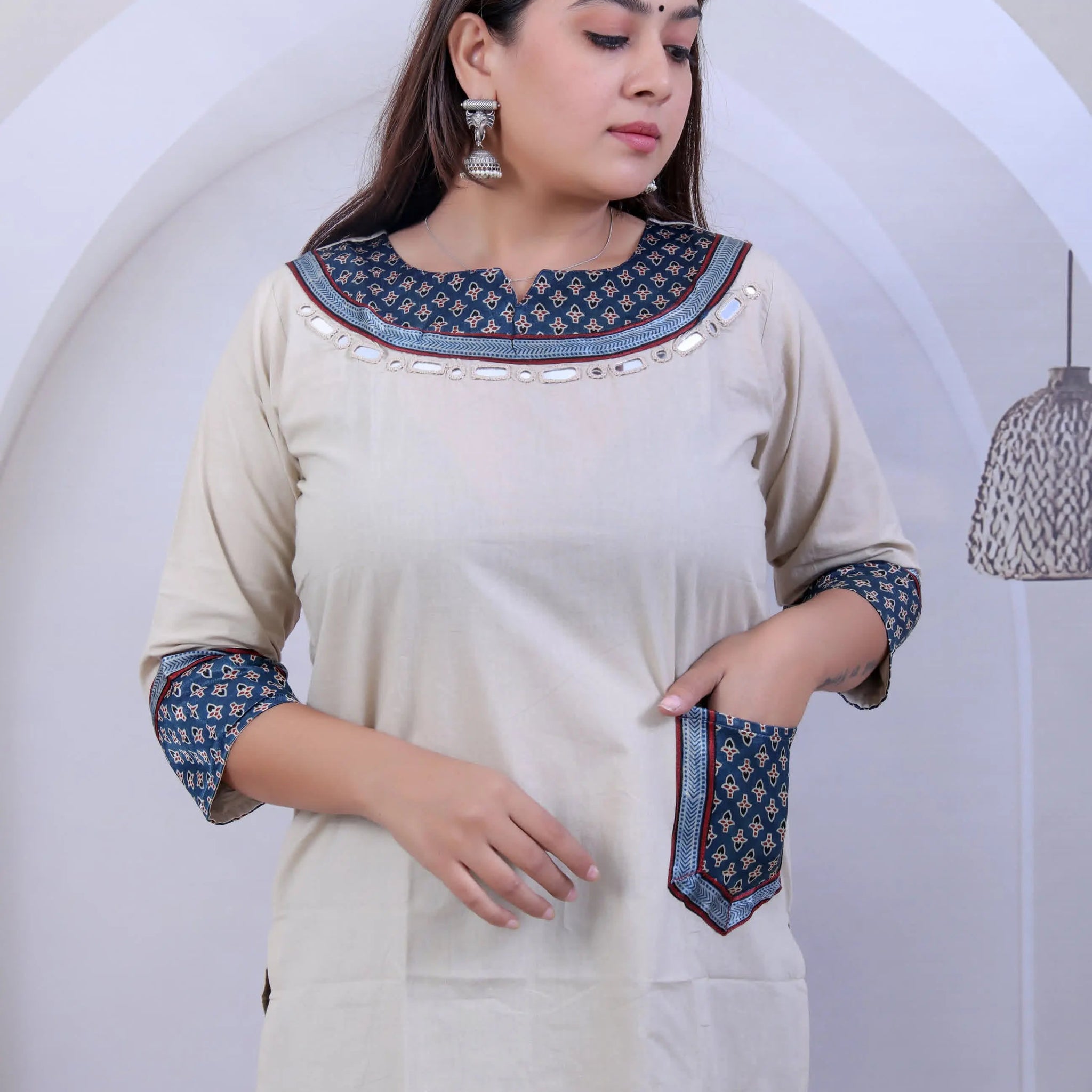 Cream Navya Ajarakh Mirror Pocket U Neck Short Top RAKHIYO