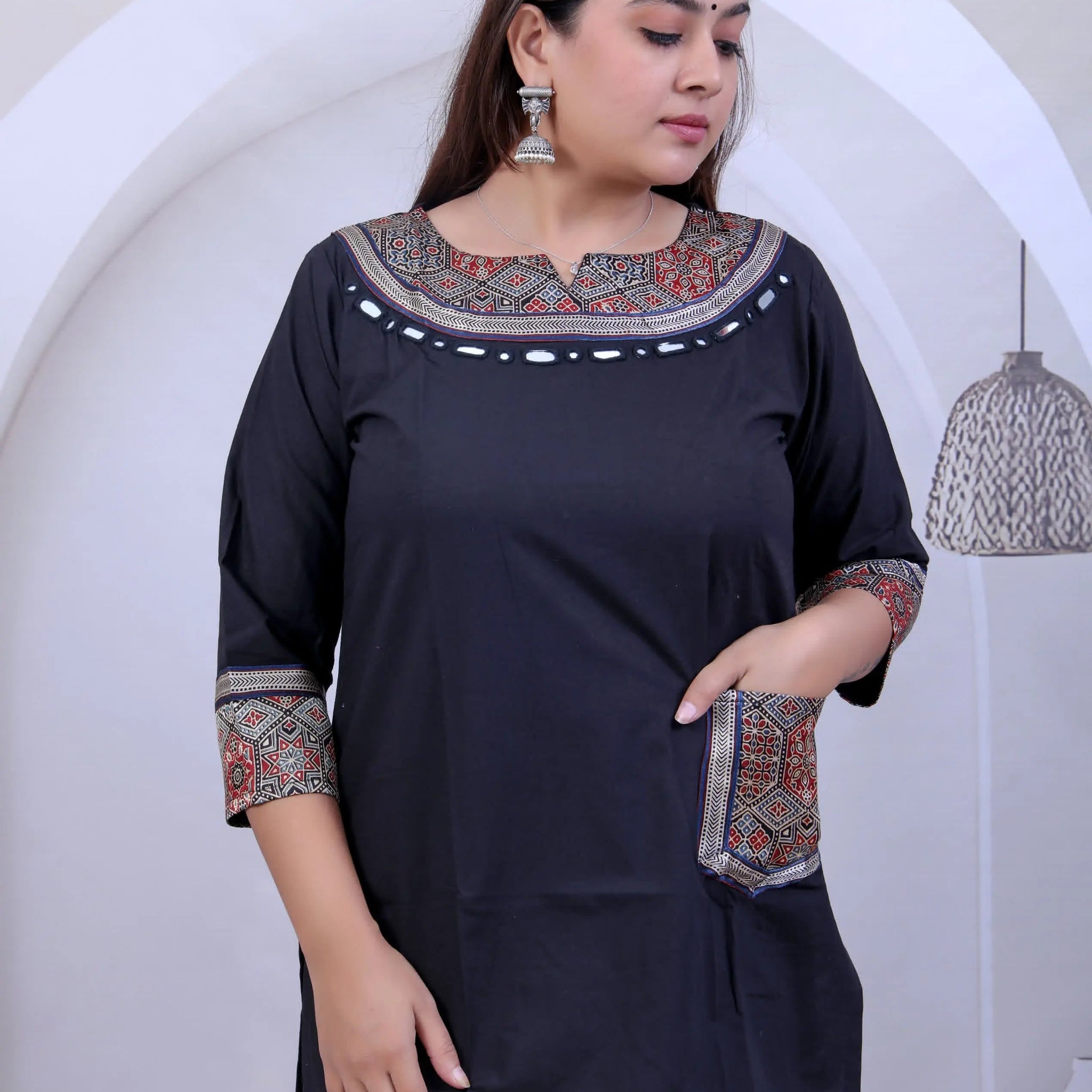 Black Navya Ajarakh Mirror Pocket U Neck Short Top RAKHIYO