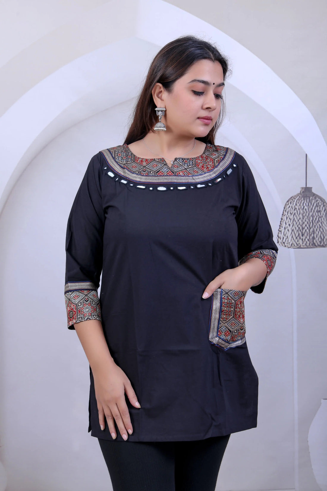 Black Navya Ajarakh Mirror Pocket U Neck Short Top RAKHIYO