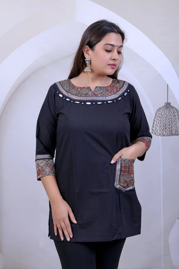 Black Navya Ajarakh Mirror Pocket U Neck Short Top RAKHIYO