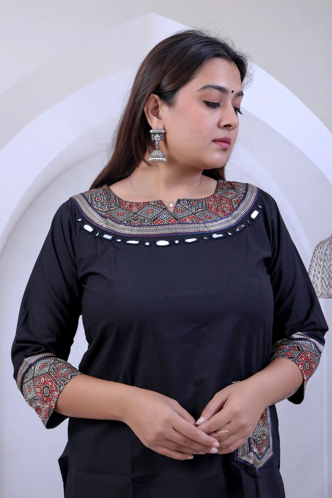 Black Navya Ajarakh Mirror Pocket U Neck Short Top RAKHIYO