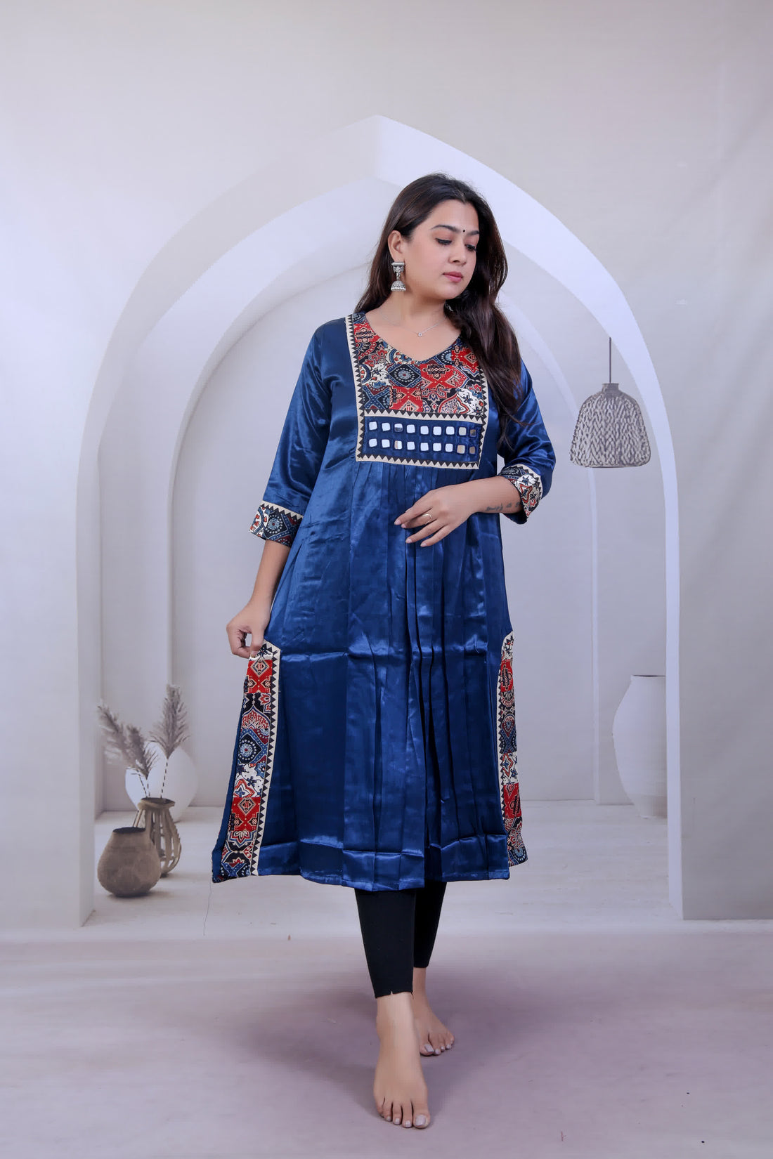 Eshita Multi Ajarakh Mirror Mashroo Silk Kurti