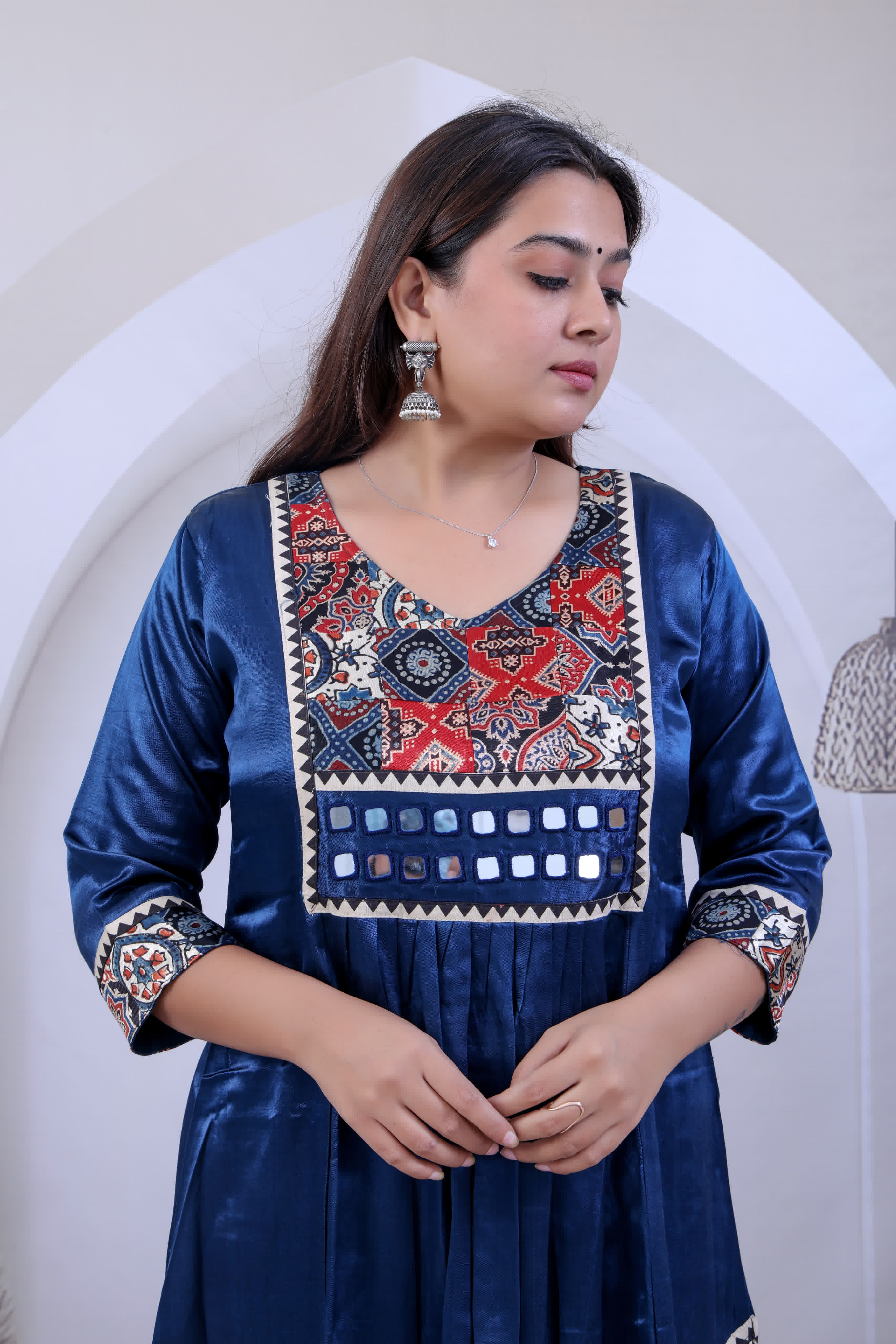 Eshita Multi Ajarakh Mirror Mashroo Silk Kurti