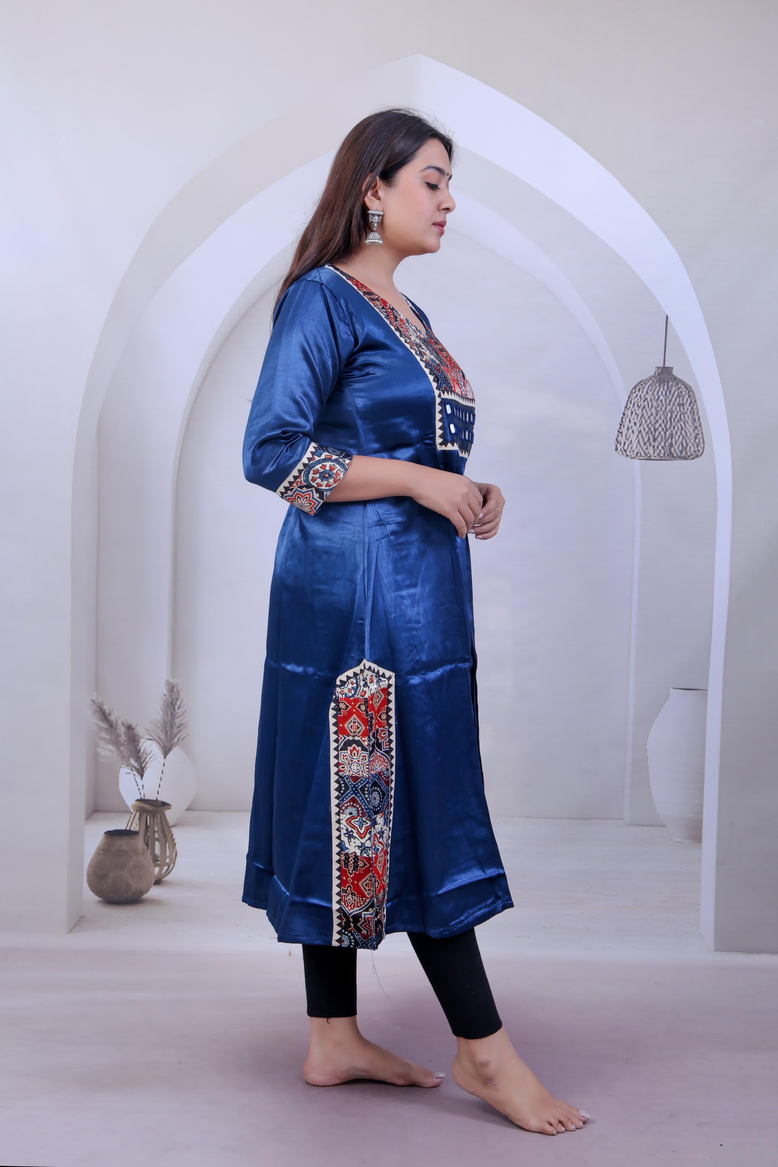 Eshita Multi Ajarakh Mirror Mashroo Silk Kurti