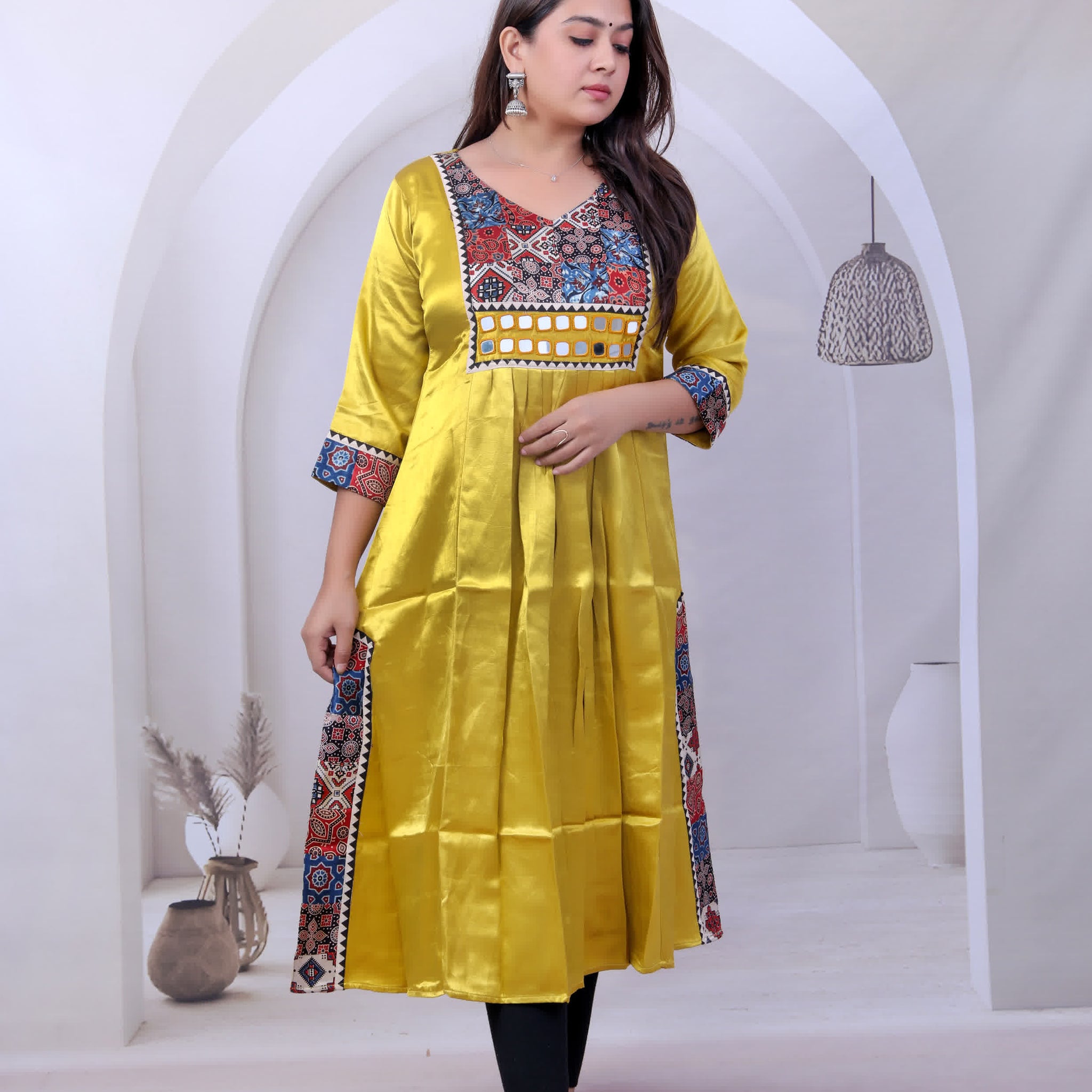 Eshita Multi Ajarakh Mirror Mashroo Silk Kurti