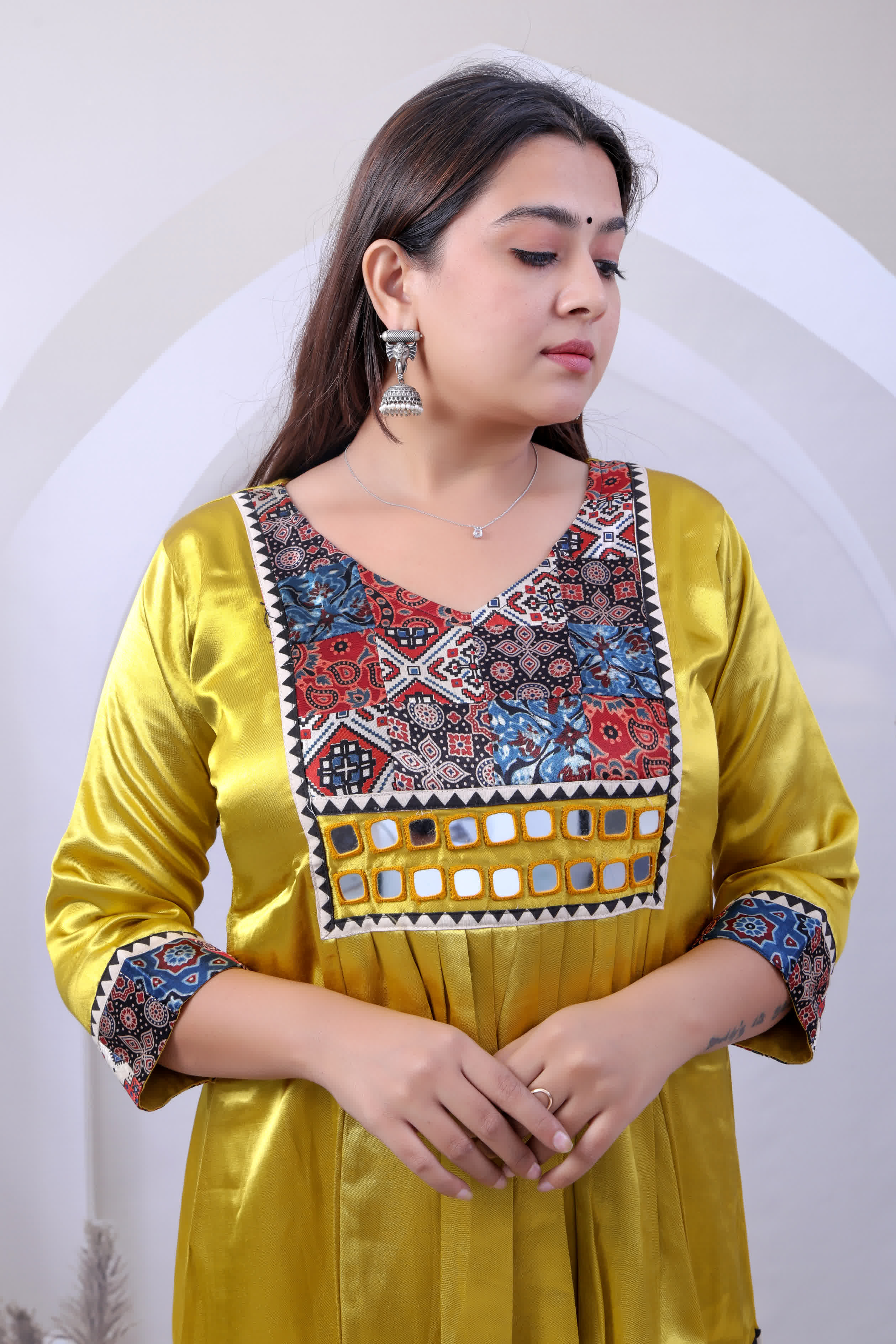 Eshita Multi Ajarakh Mirror Mashroo Silk Kurti