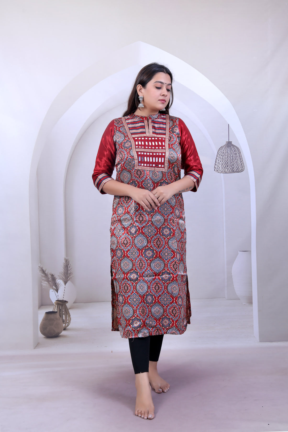 Urvi Ajarakh Badam Mirror Stand Collar Mashroo Silk Straight Kurti
