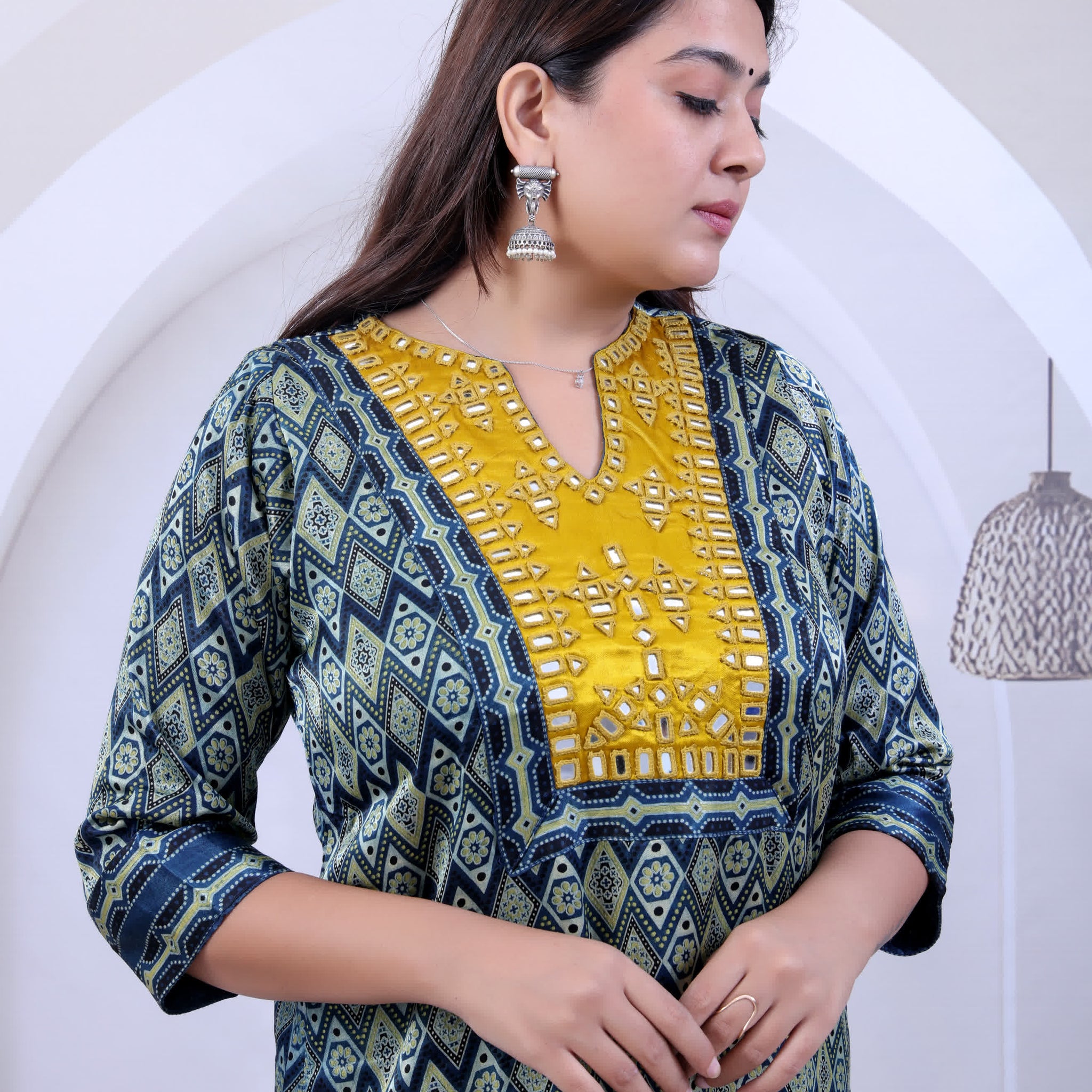 Trisha Ajarakh Indigo Gala Mirror Mashroo Silk Straight Kurti