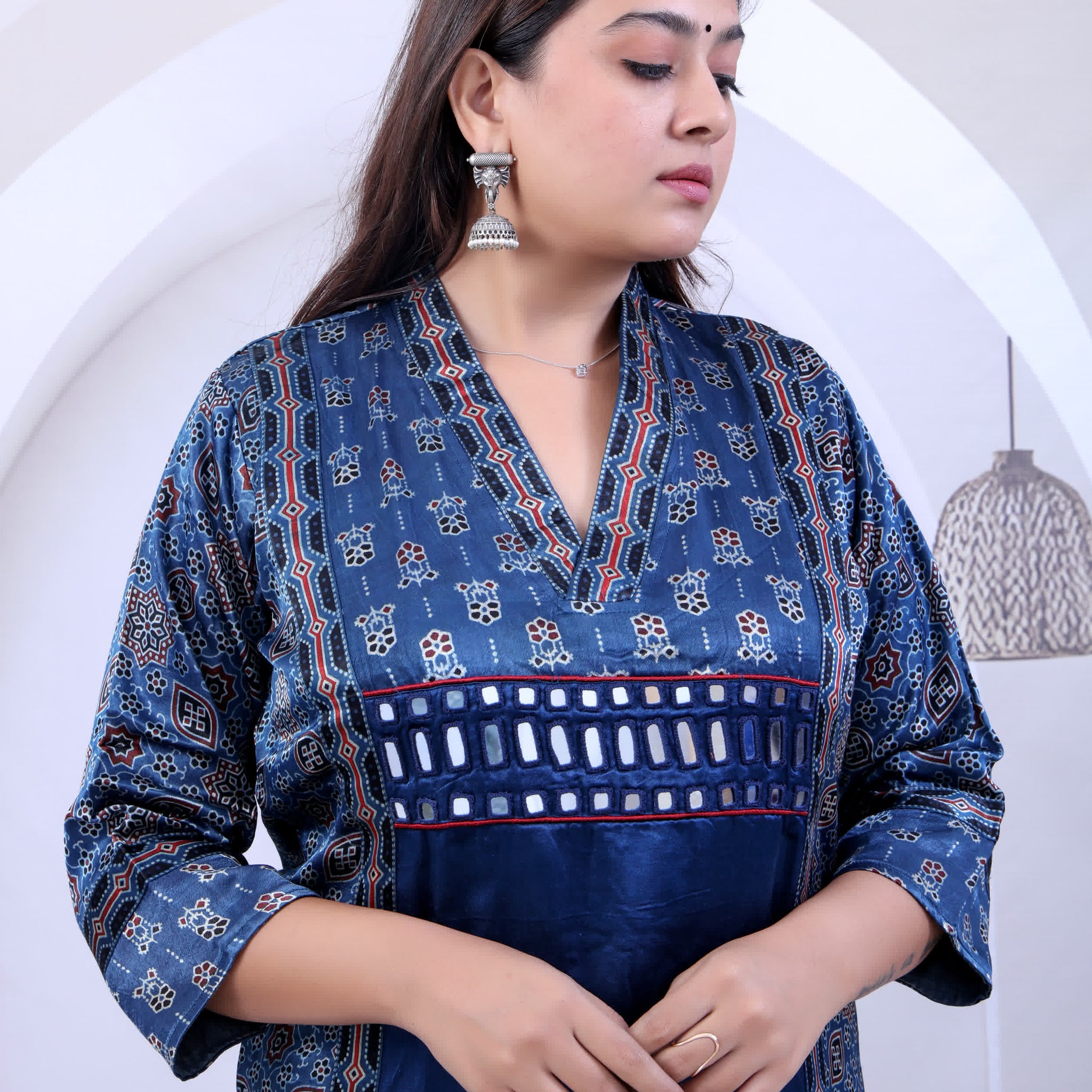 Ravini Ajarakh V Neck Mashroo Silk Straight Kurti