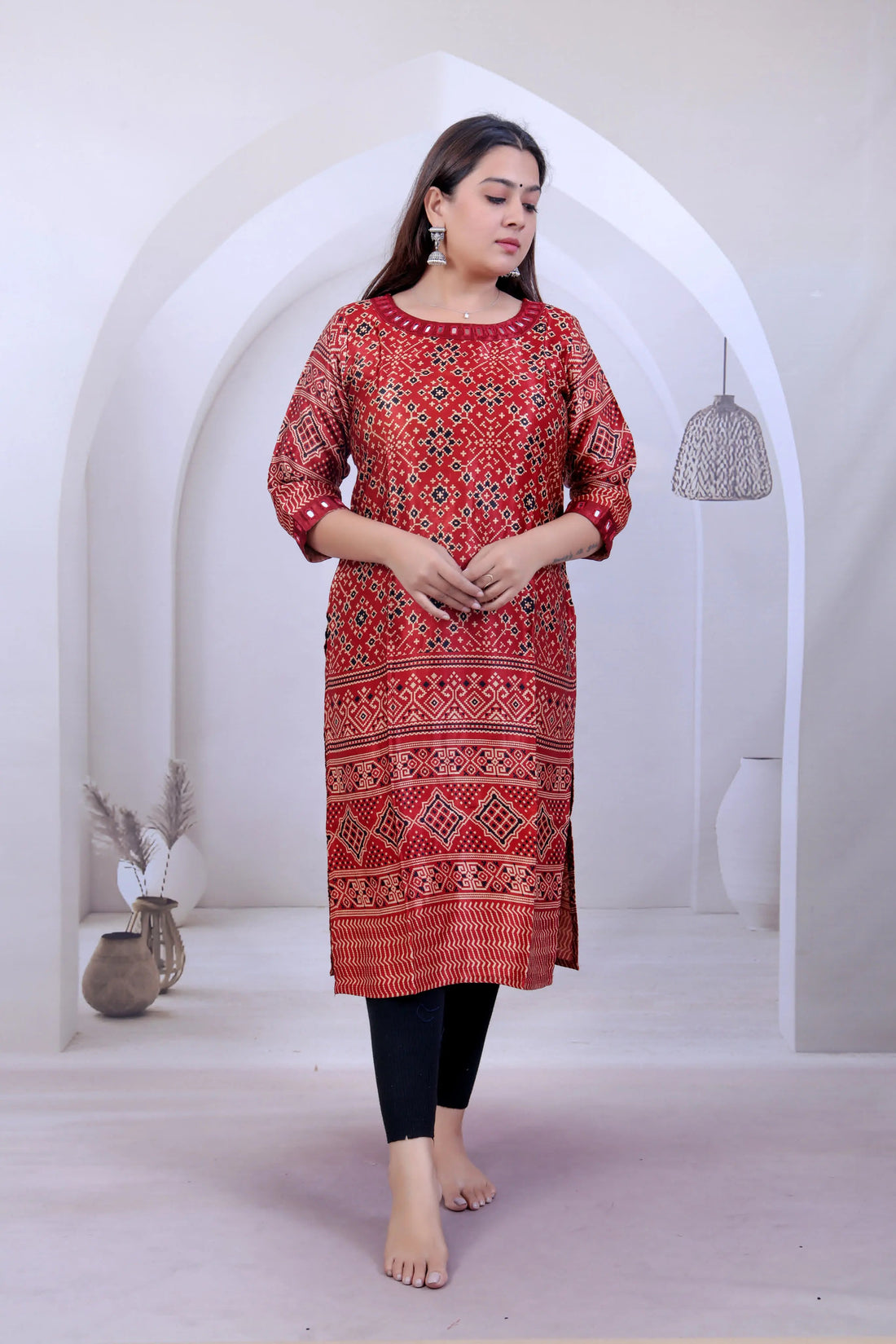 Maroon Avanti Ajarakh Patola Mirror Mashroo Silk Straight Kurti RAKHIYO