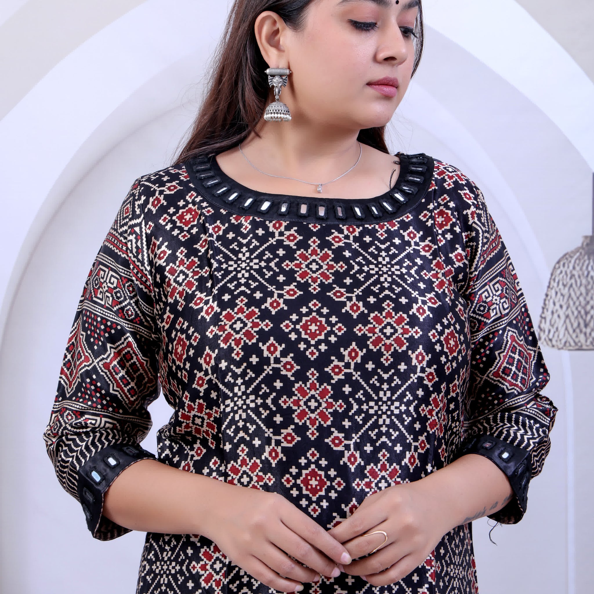 Black Avanti Ajarakh Patola Mirror Mashroo Silk Straight Kurti RAKHIYO