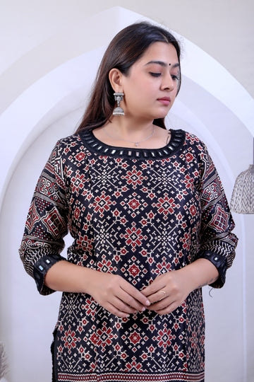 Black Avanti Ajarakh Patola Mirror Mashroo Silk Straight Kurti RAKHIYO