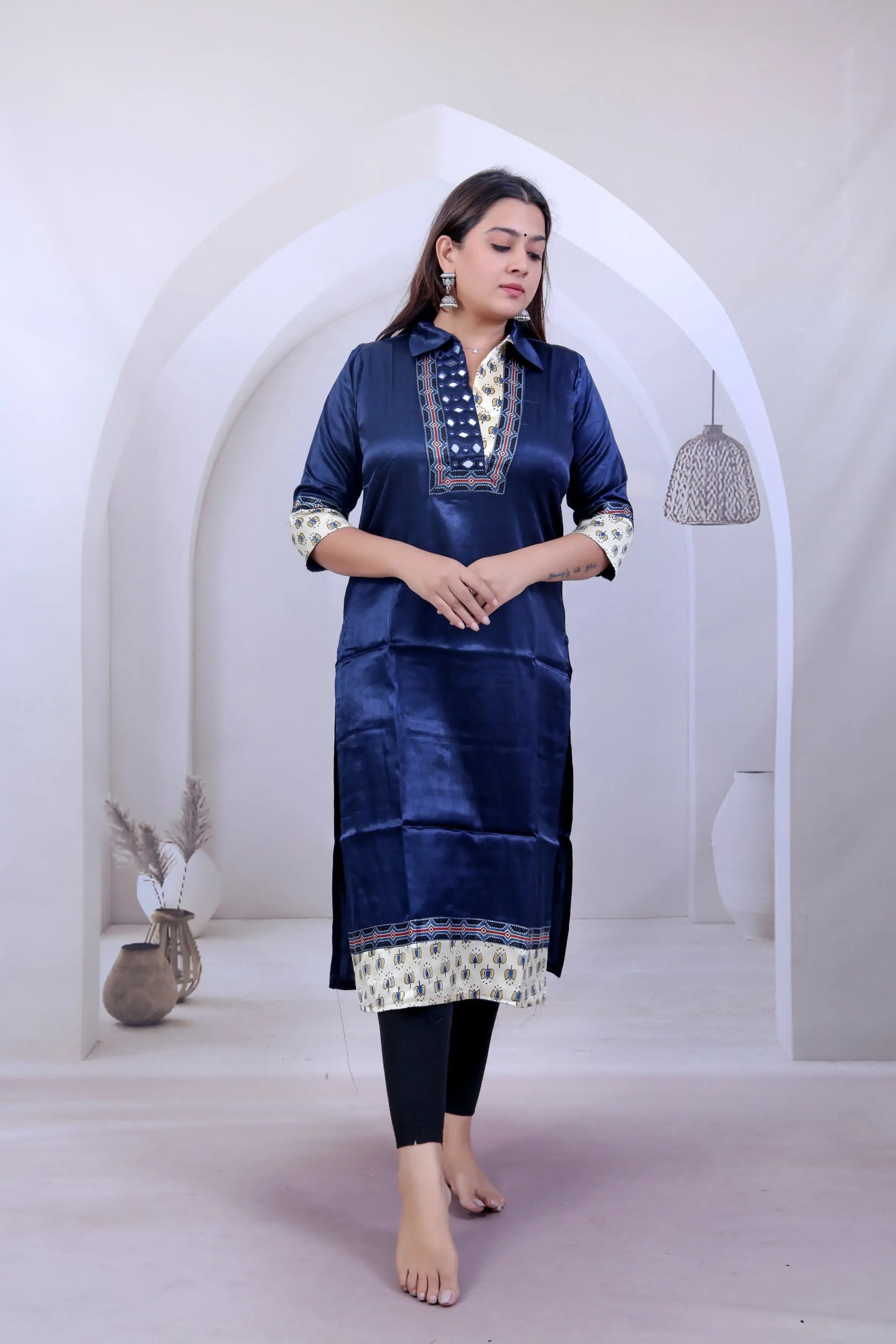 Grisha Mashroo Silk Plain Mirror Collar Straight Kurti RAKHIYO
