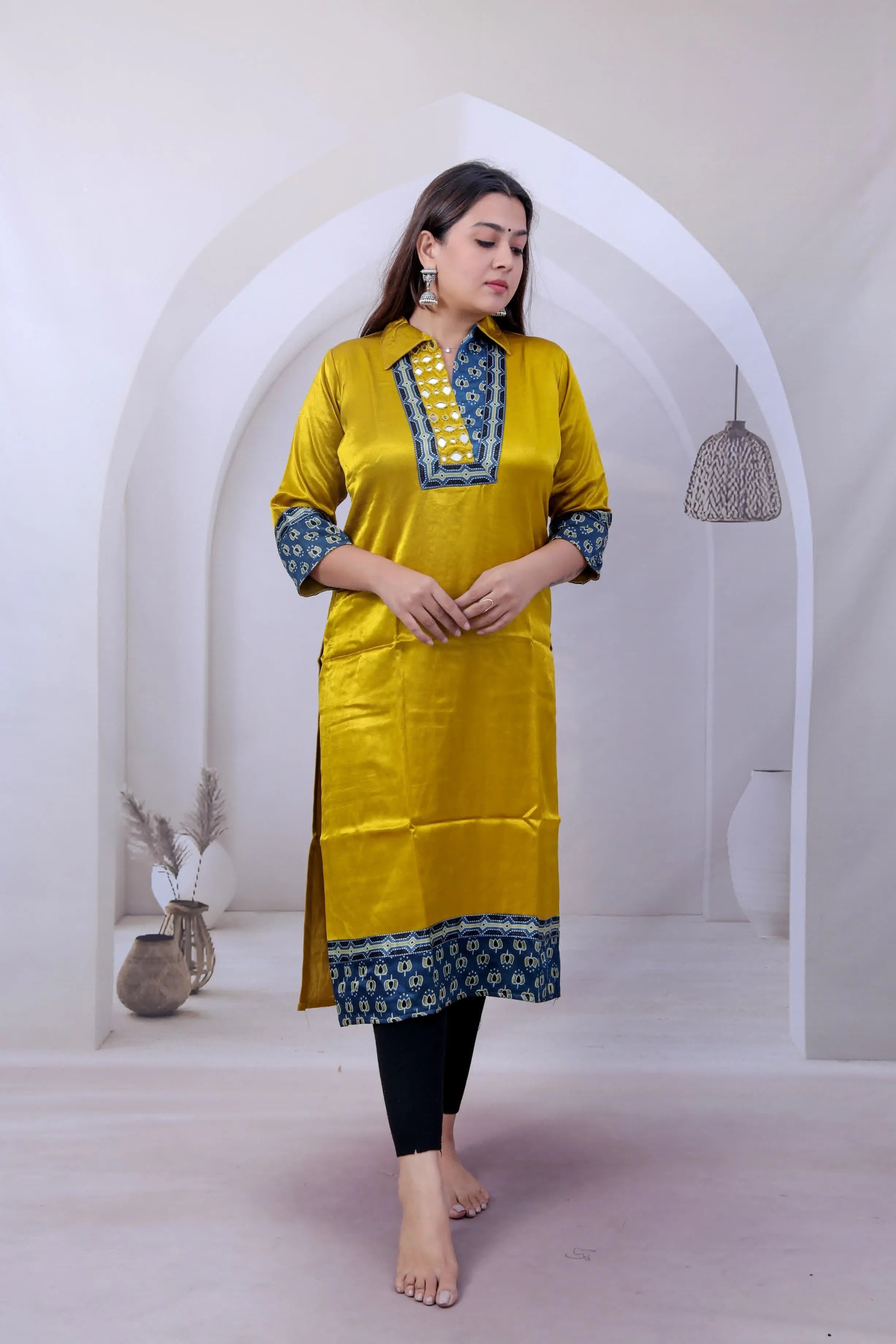Grisha Mashroo Silk Plain Mirror Collar Straight Kurti RAKHIYO