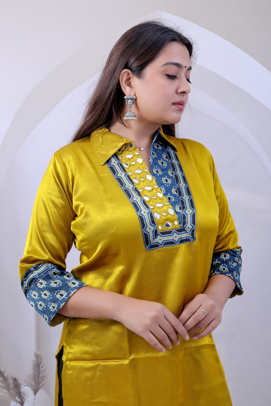 Grisha Mashroo Silk Plain Mirror Collar Straight Kurti RAKHIYO