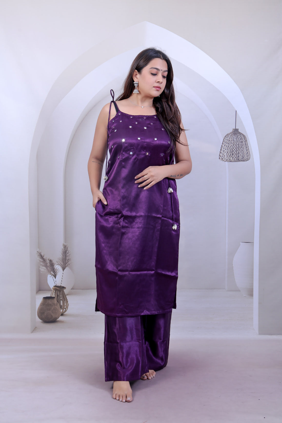 Pooja Magenta Mashroo Silk Mirror Spaghetti Plazzo Set