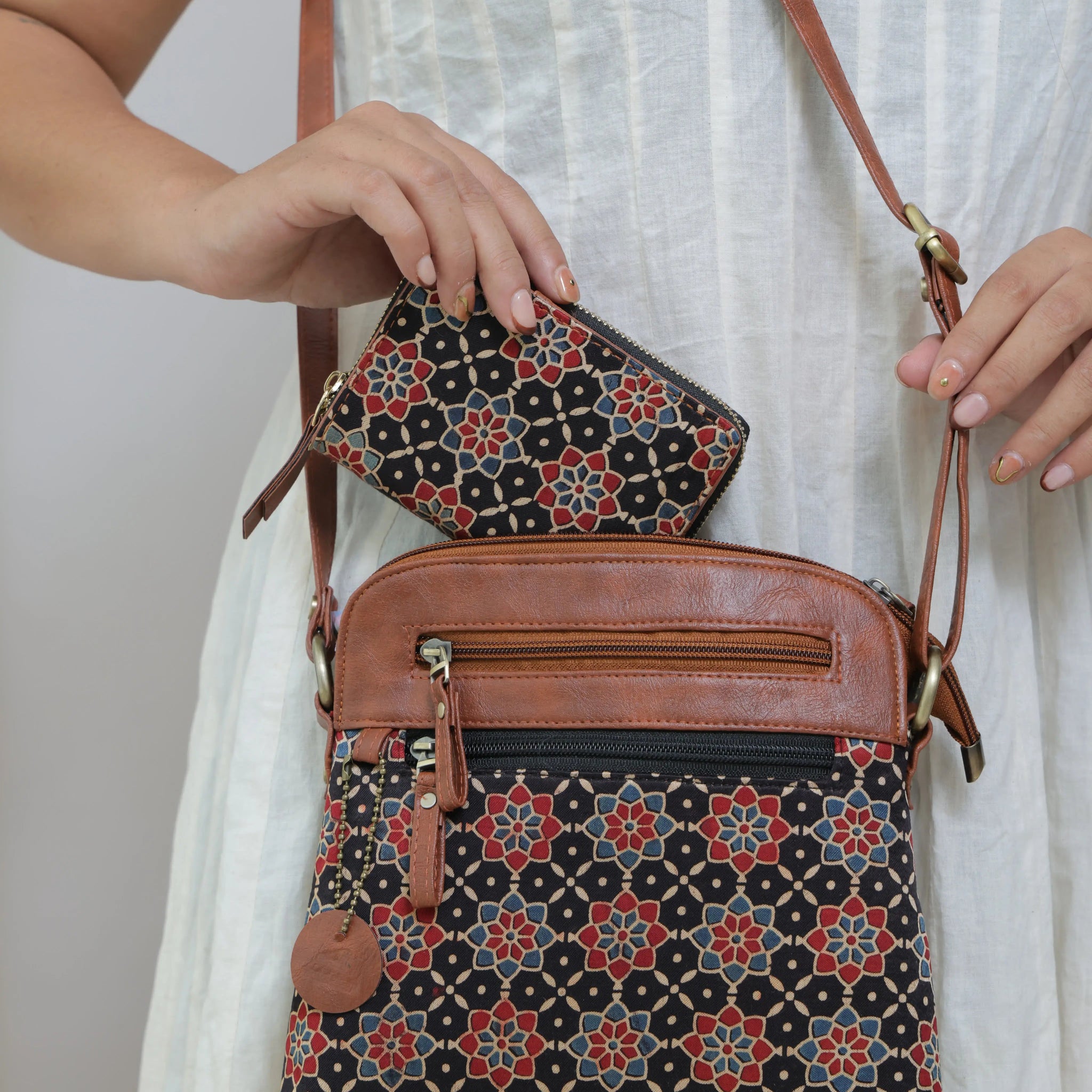 Black Vegan leather Ajarakh Mashroo Sling & Wallet Combo Bag RAKHIYO