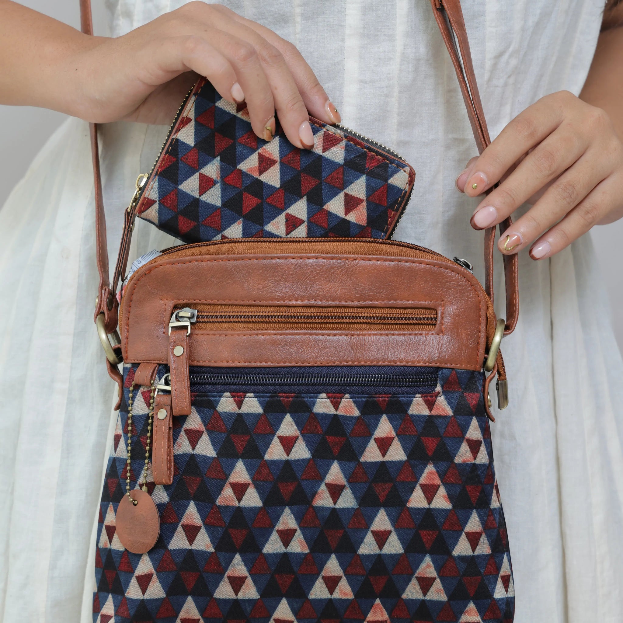 Navy Vegan leather Ajarakh Mashroo Sling & Wallet Combo Bag RAKHIYO