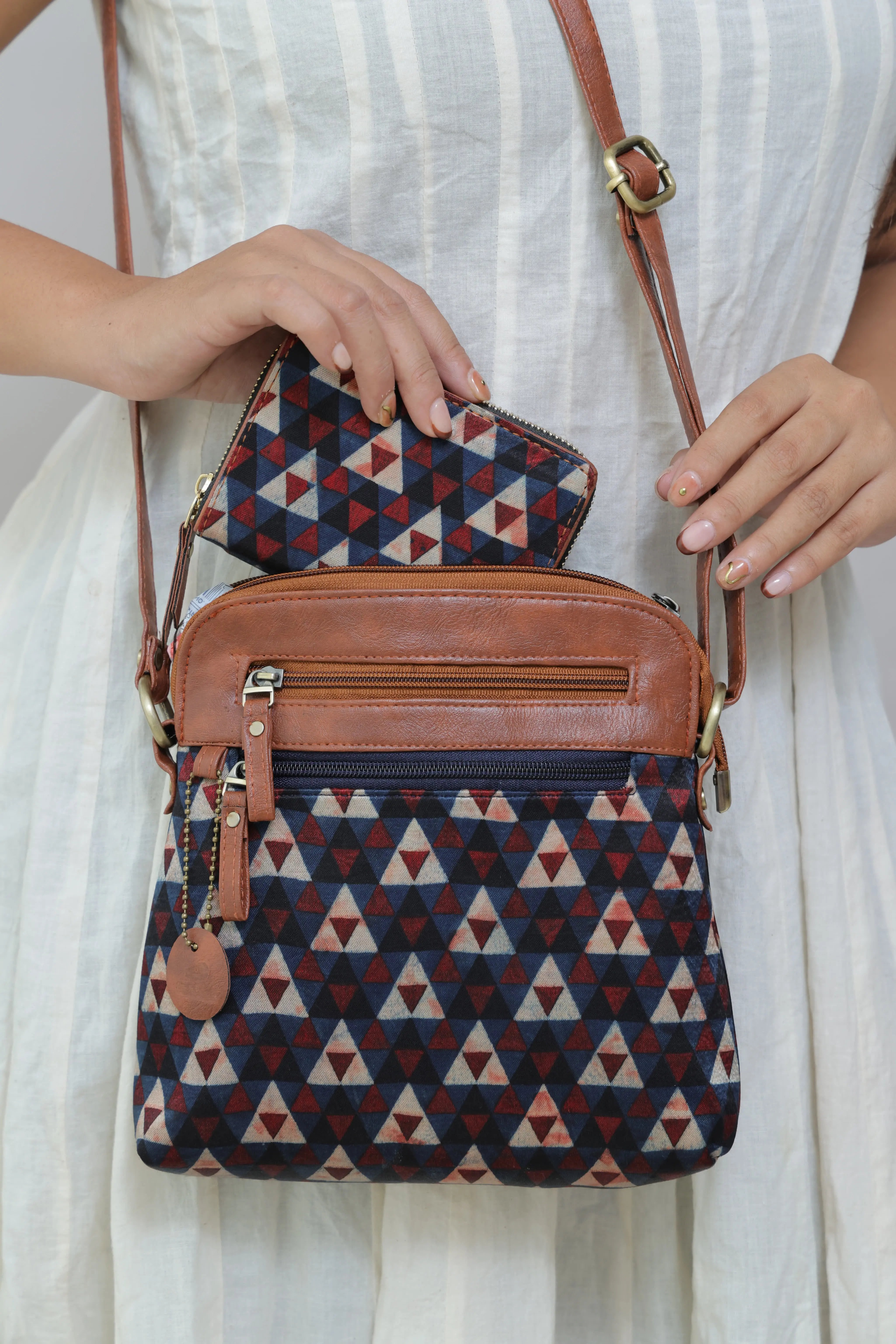 Navy Vegan leather Ajarakh Mashroo Sling & Wallet Combo Bag RAKHIYO