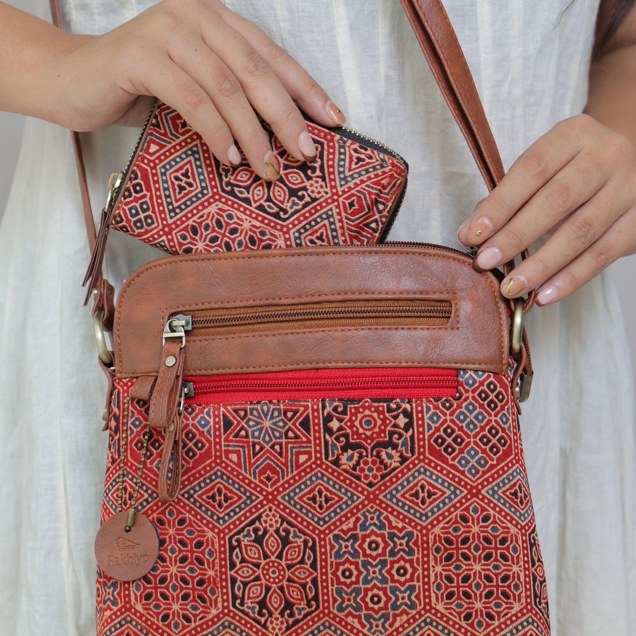 Maroon Vegan leather Ajarakh Mashroo Sling & Wallet Combo Bag RAKHIYO