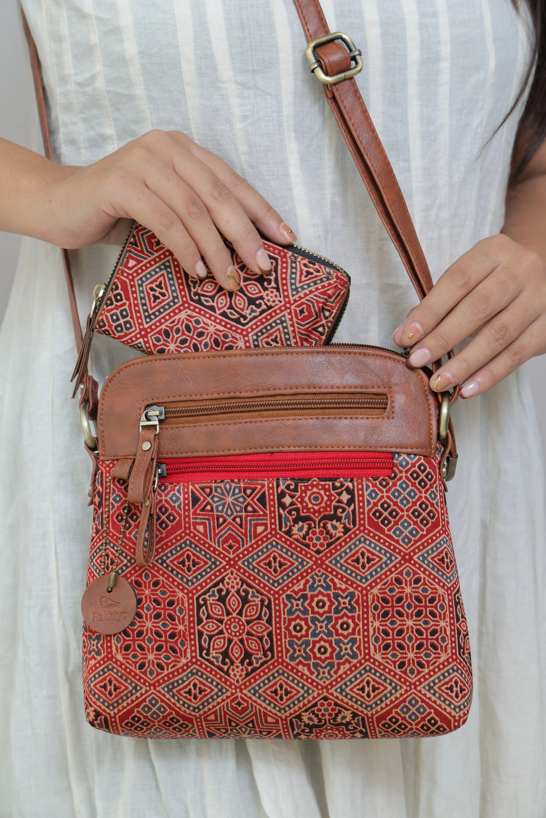 Maroon Vegan leather Ajarakh Mashroo Sling & Wallet Combo Bag RAKHIYO