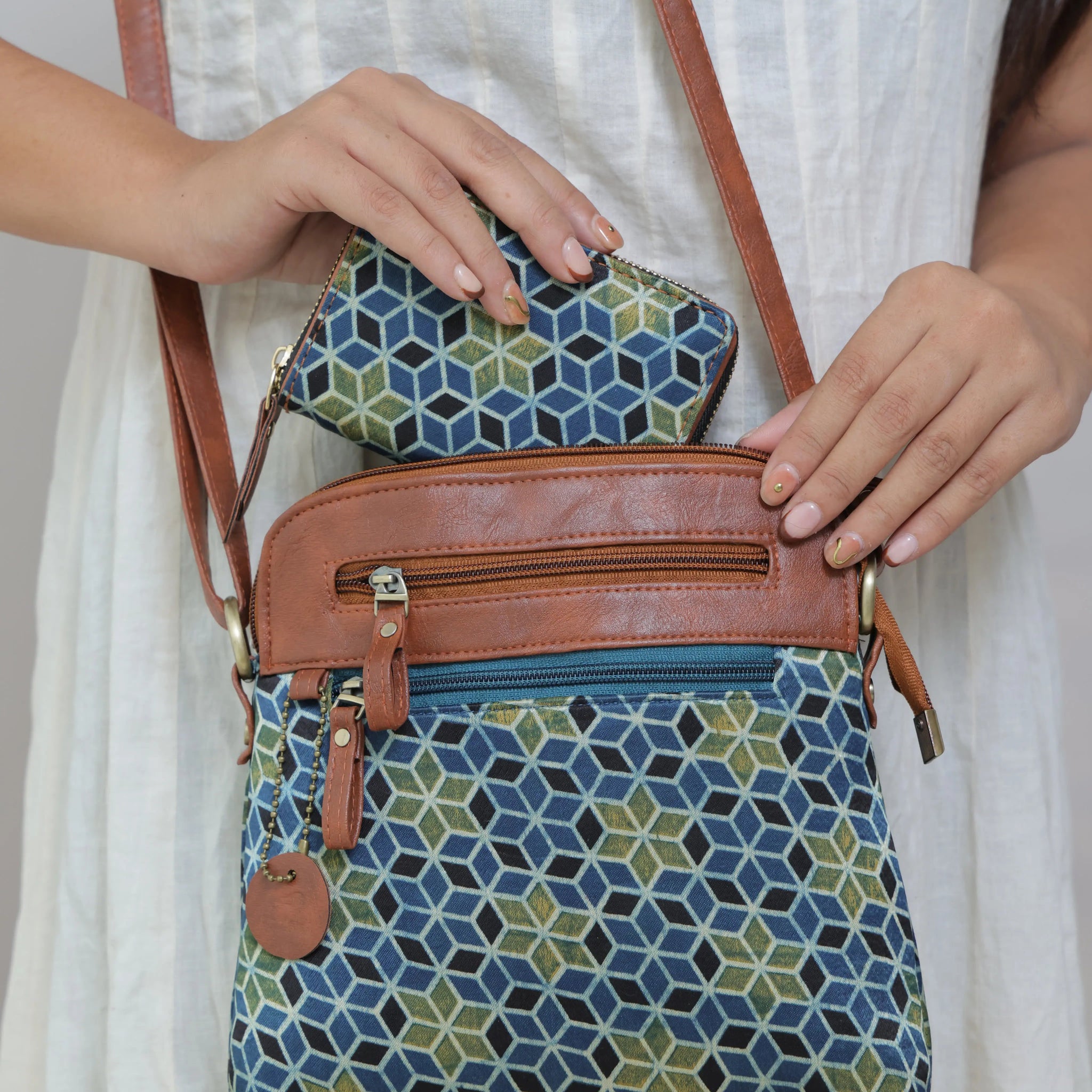 Indigo Vegan leather Ajarakh Mashroo Sling & Wallet Combo Bag RAKHIYO