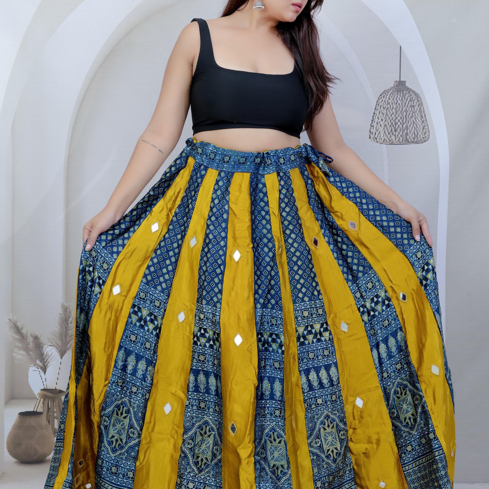 Ajarakh Kali Mashroo Silk Mirror Lahenga/skirt
