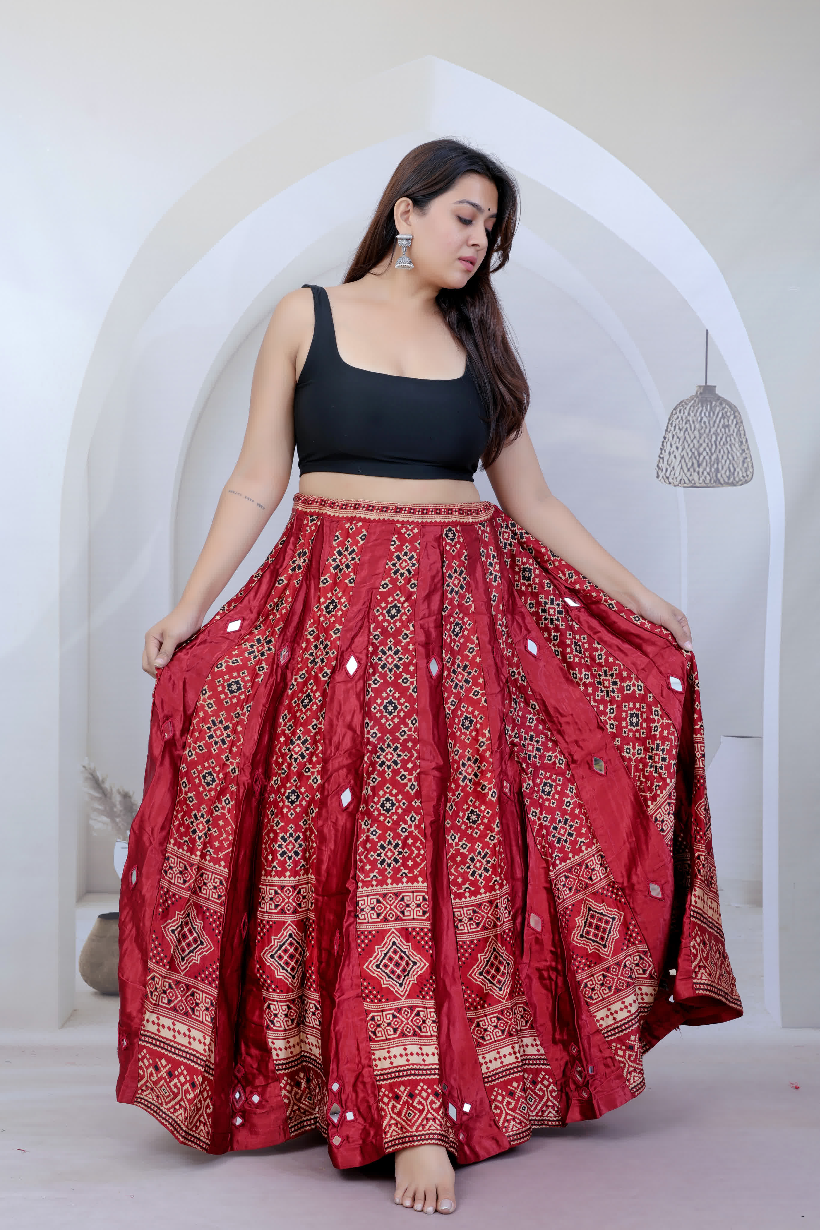 Ajarakh Kali Mashroo Silk Mirror Lahenga/skirt