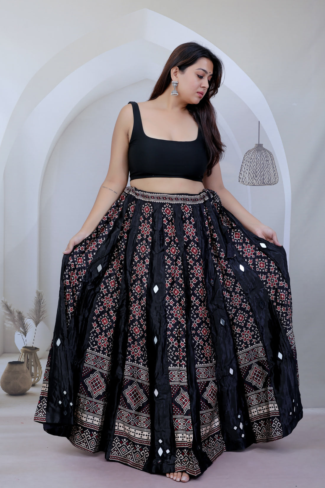 Ajarakh Kali Mashroo Silk Mirror Lahenga/skirt