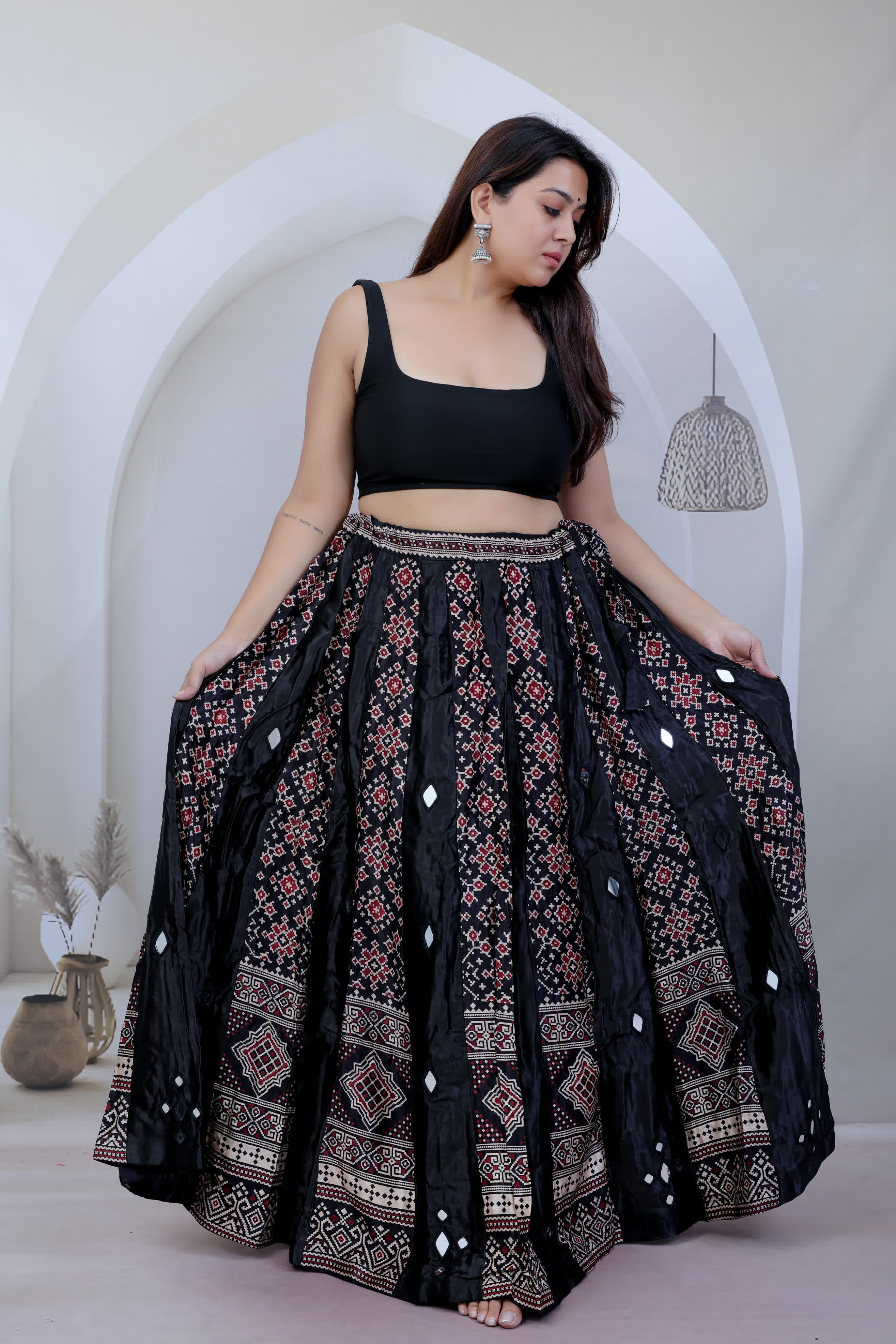 Ajarakh Kali Mashroo Silk Mirror Lahenga/skirt