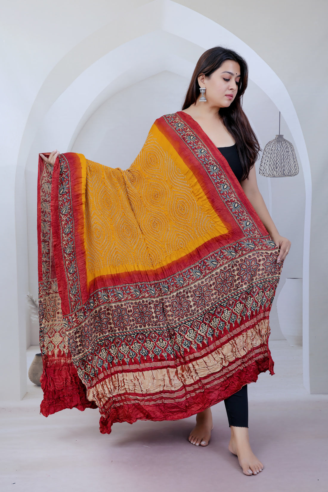 Mustard Ajarakh-Bandhani Rai Bandhej Gaji Silk Dupatta RAKHIYO