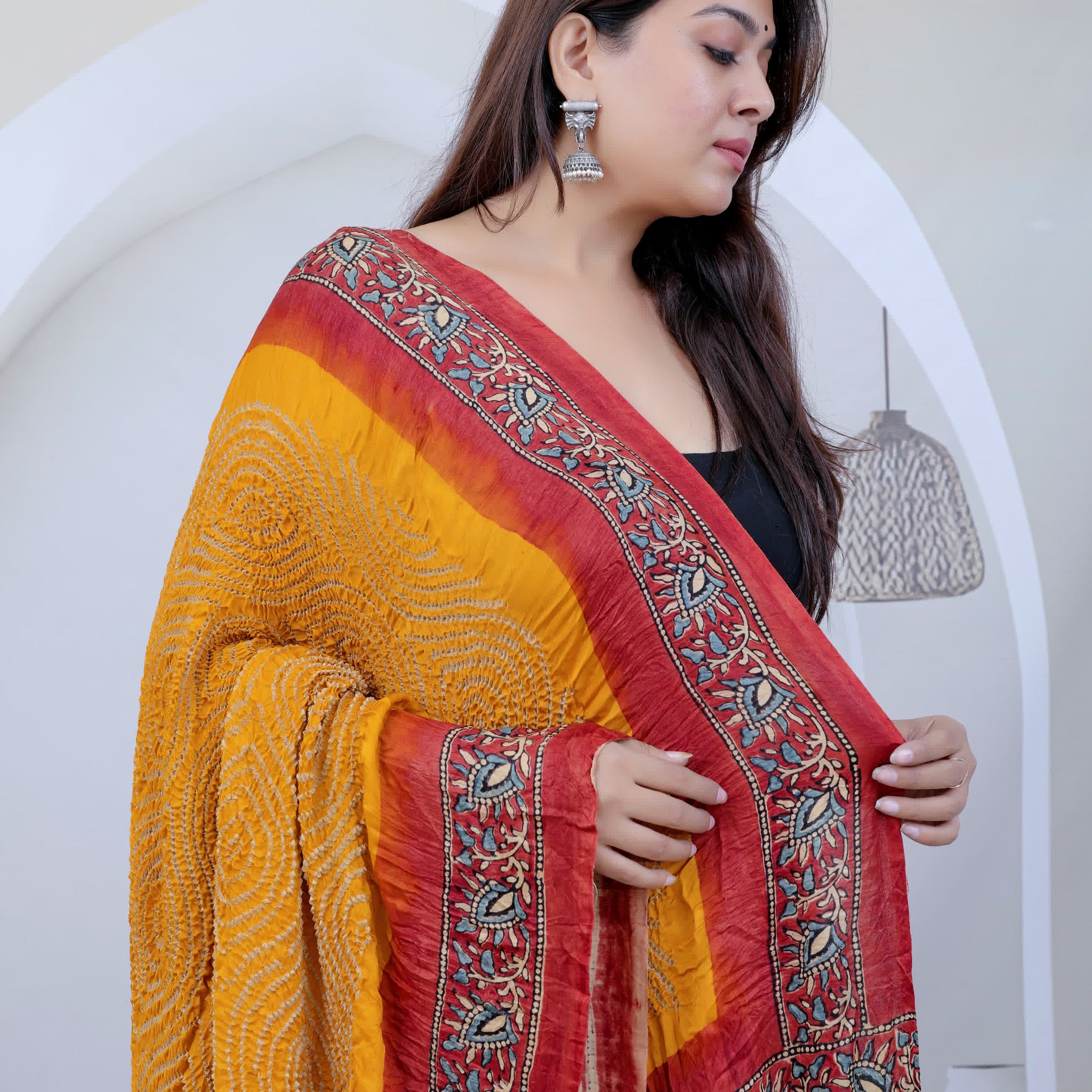 Mustard Ajarakh-Bandhani Rai Bandhej Gaji Silk Dupatta RAKHIYO