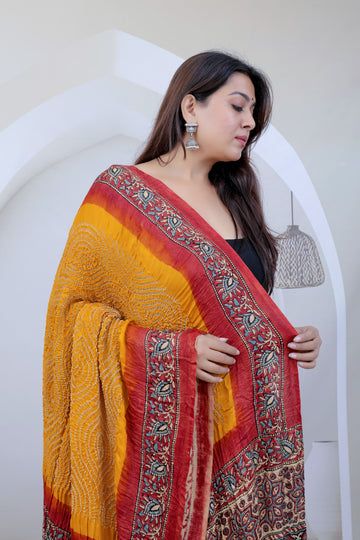 Mustard Ajarakh-Bandhani Rai Bandhej Gaji Silk Dupatta RAKHIYO