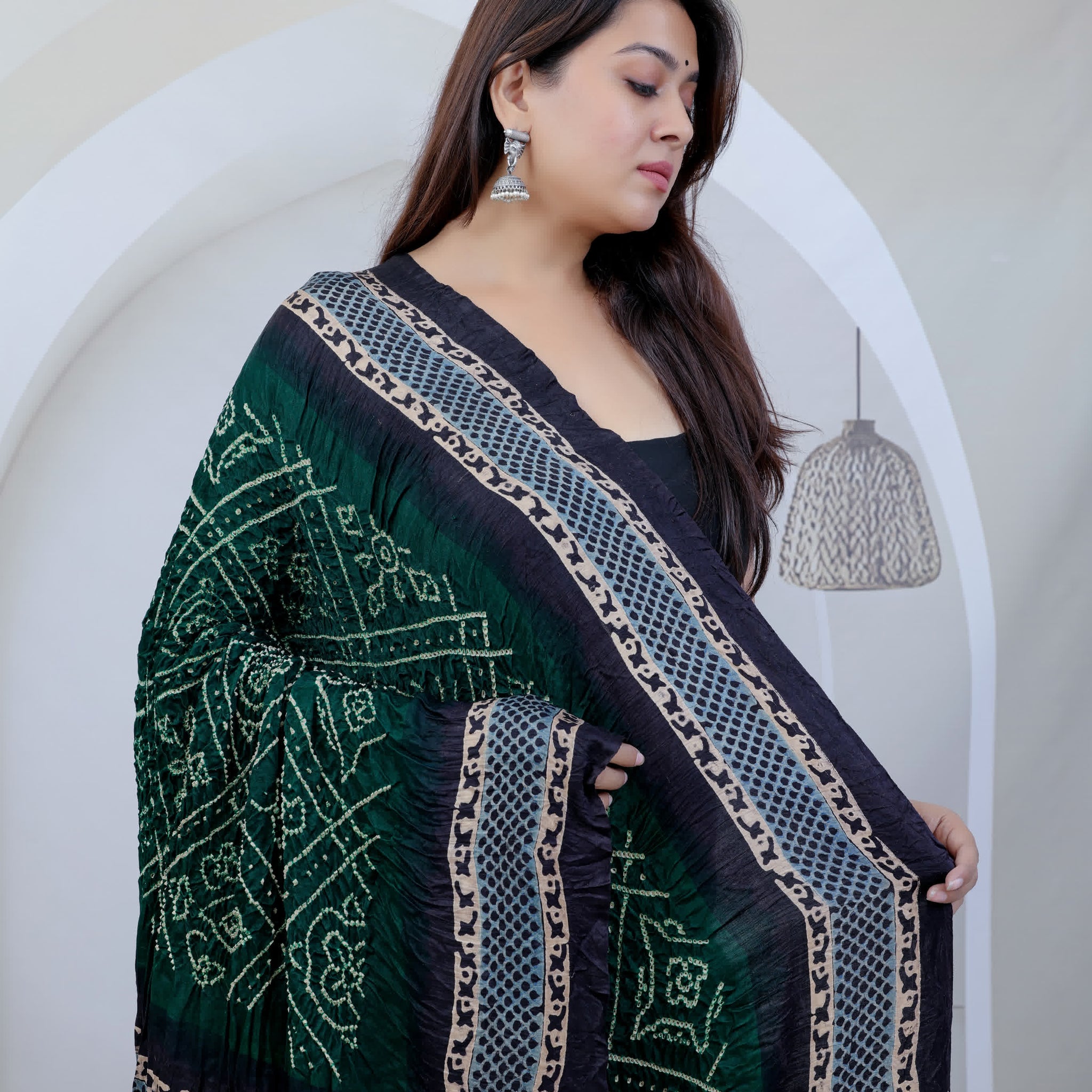 Bottle Green Ajarakh-Bandhani Rai Bandhej Gaji Silk Dupatta RAKHIYO