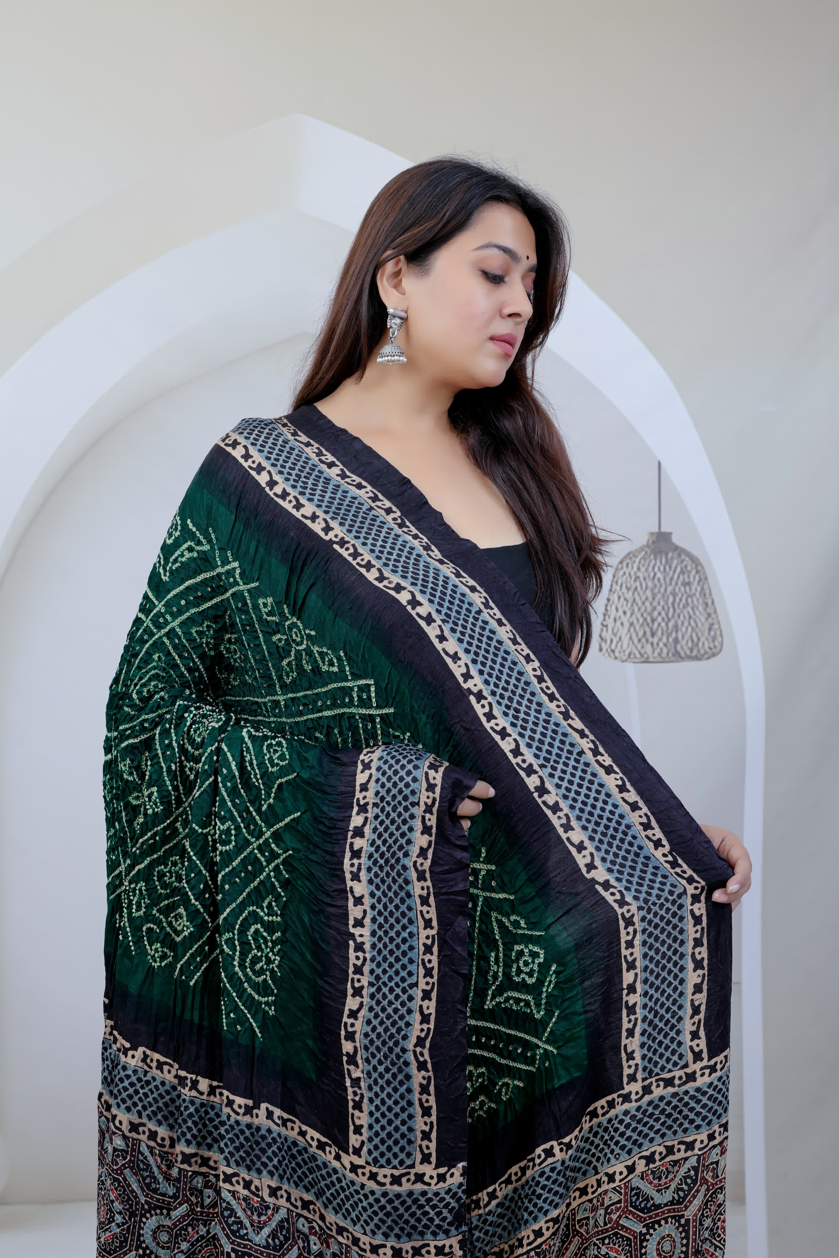 Bottle Green Ajarakh-Bandhani Rai Bandhej Gaji Silk Dupatta RAKHIYO