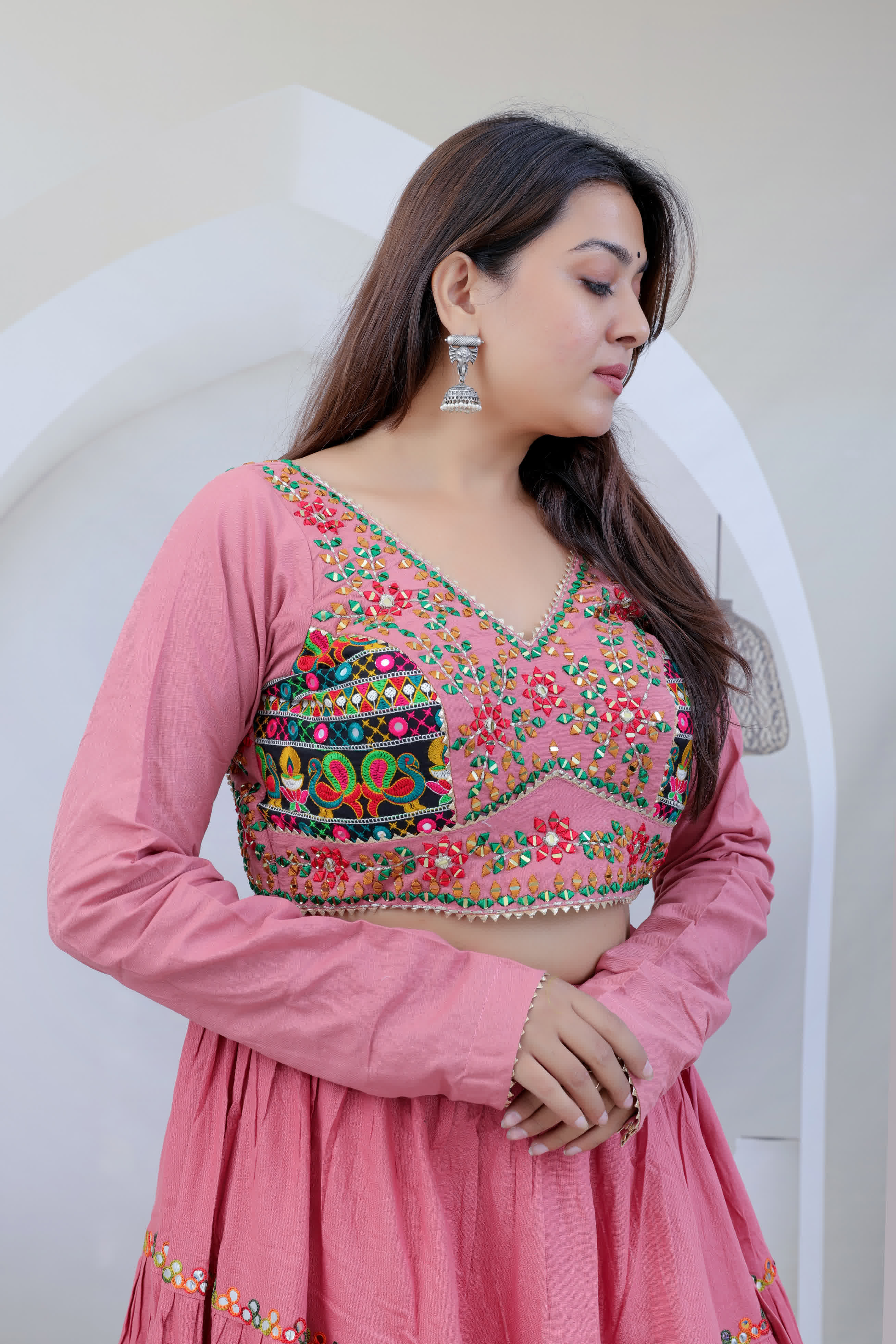 Navya Peach Kutchhi Embroidered Soft Cotton Chaniyacholi