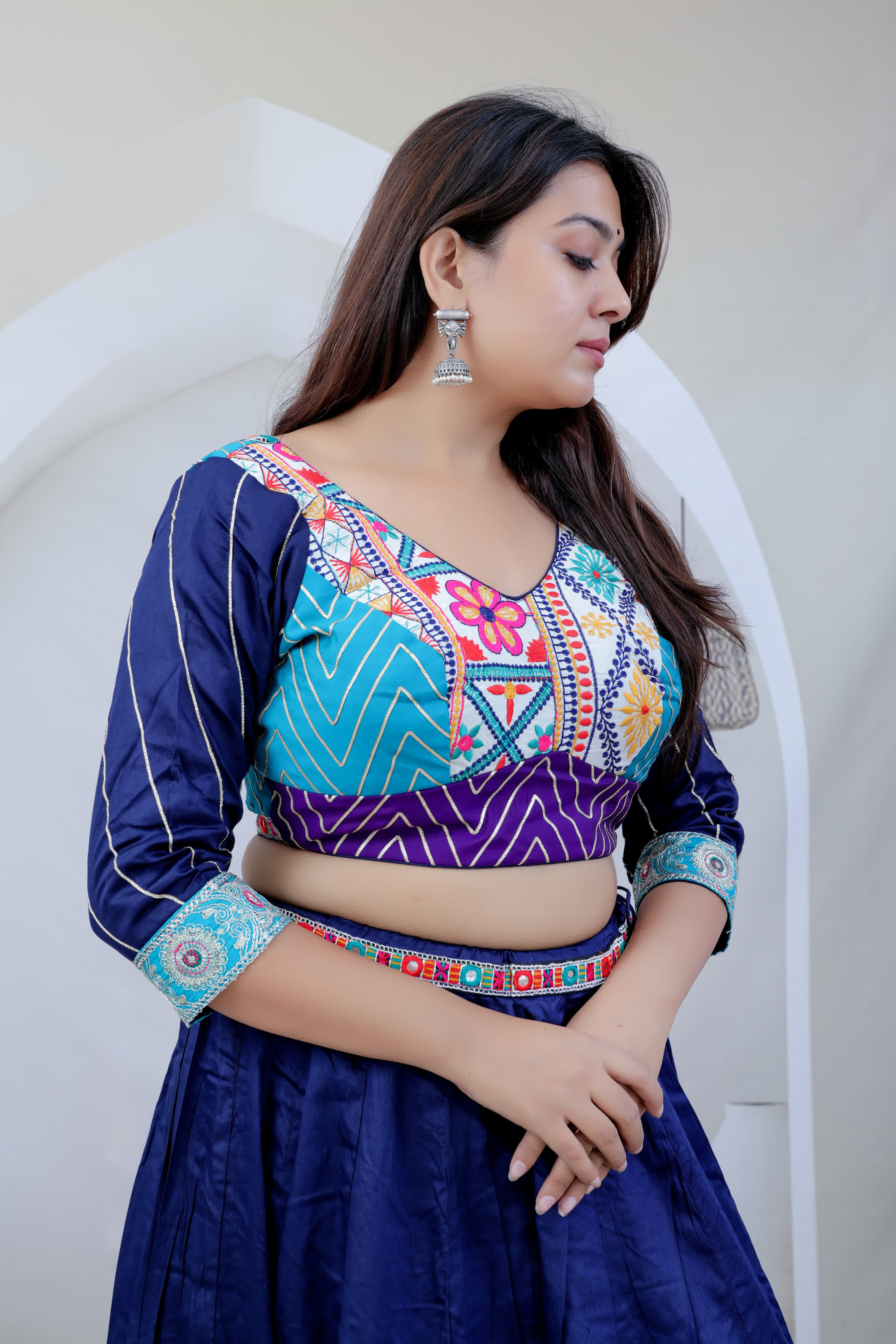 Kasis Navy Blue Kutchhi Embroidered Soft Cotton Chaniyacholi