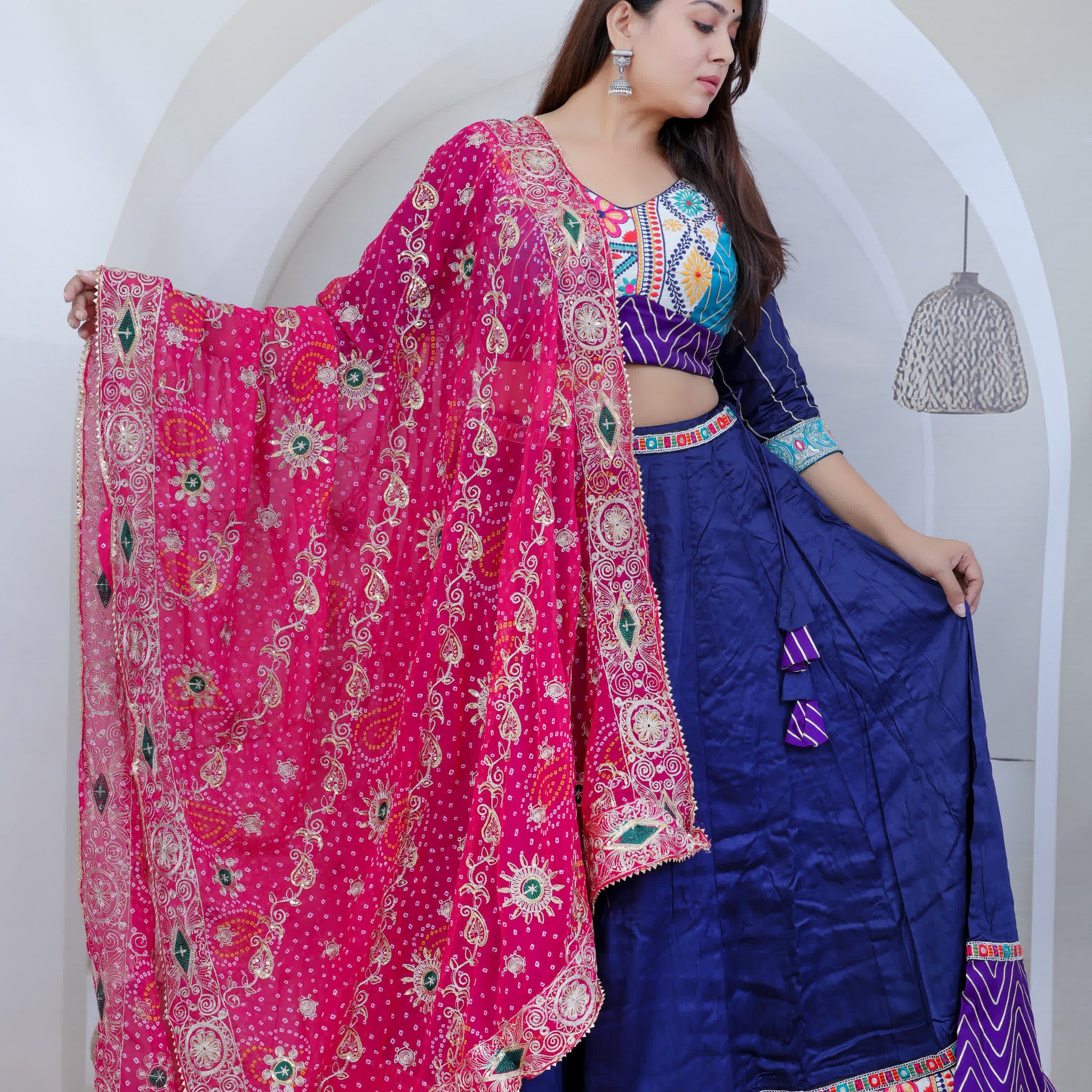 Kasis Navy Blue Kutchhi Embroidered Soft Cotton Chaniyacholi