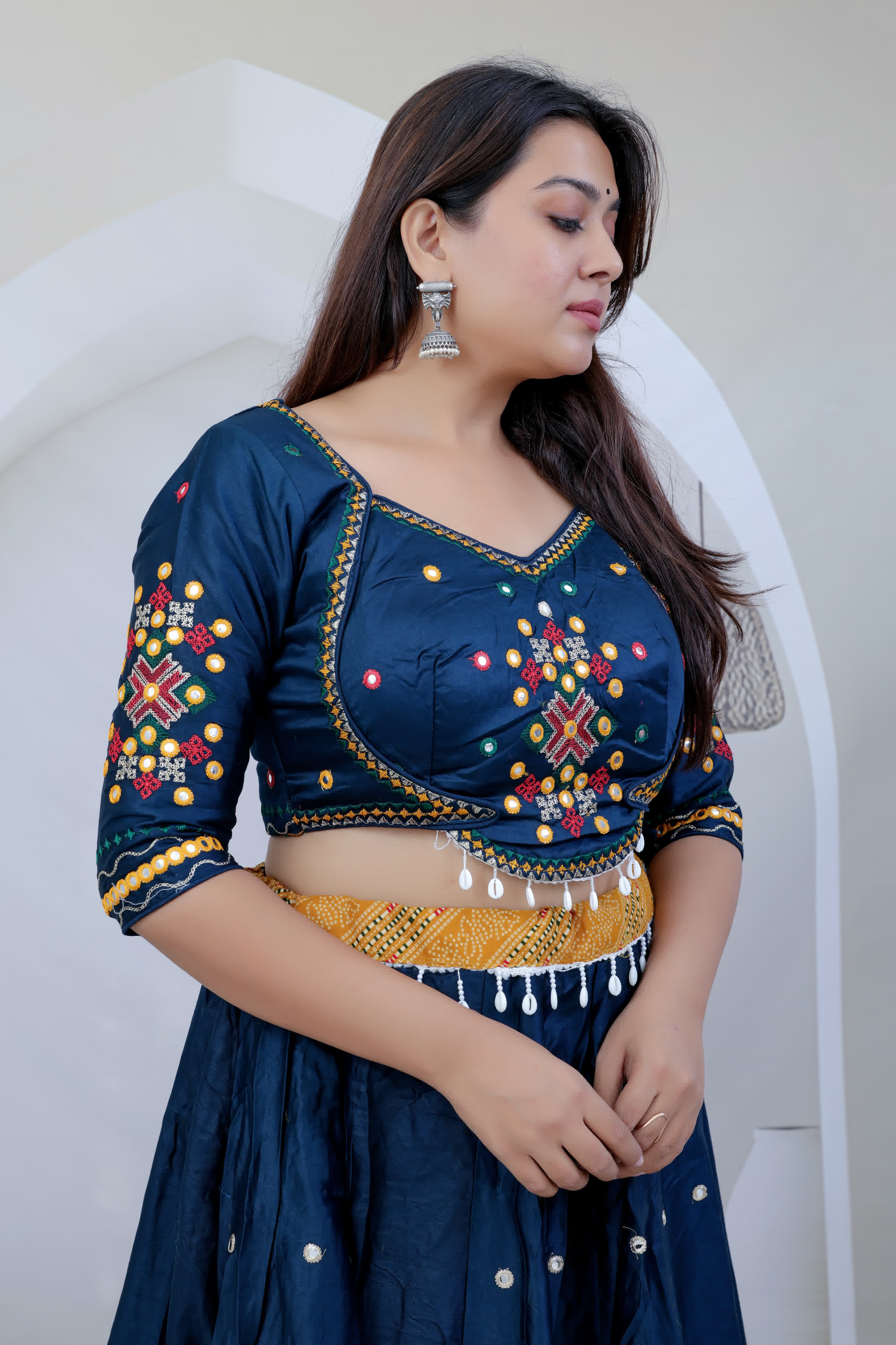 Ishita Navy Blue Kutchhi Embroidered Soft Cotton Chaniyacholi