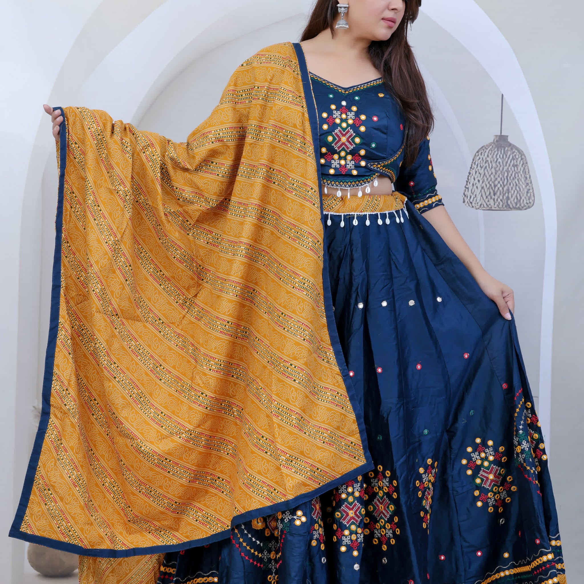 Ishita Navy Blue Kutchhi Embroidered Soft Cotton Chaniyacholi