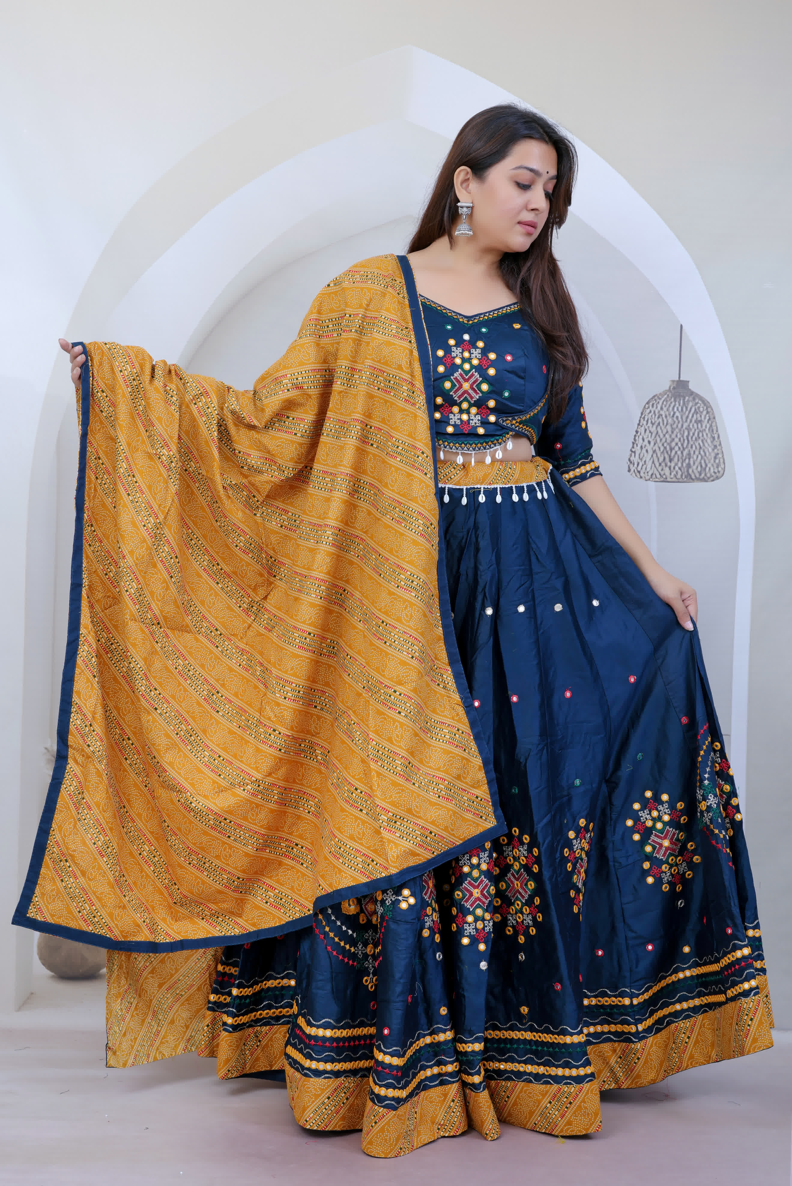 Ishita Navy Blue Kutchhi Embroidered Soft Cotton Chaniyacholi
