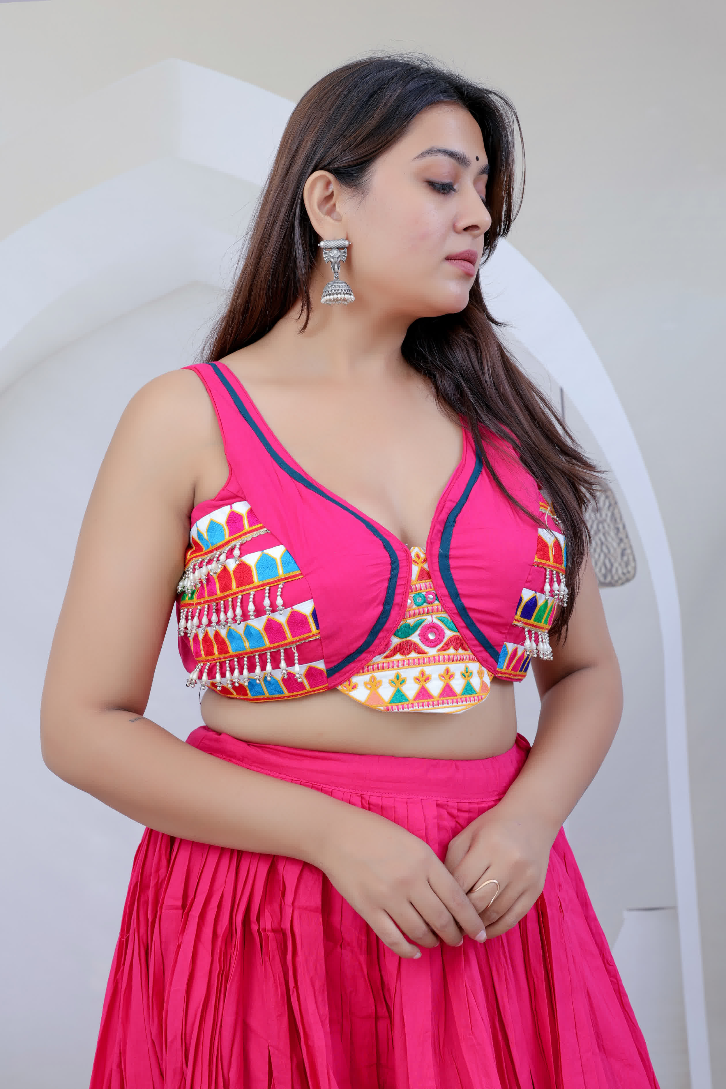 Divya Pink Kutchhi Embroidered Soft Cotton Chaniyacholi