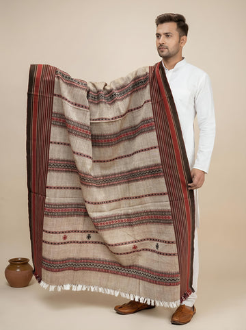 Allover Traditional Coffee Handwoven Bhujodi Woolen Shawl