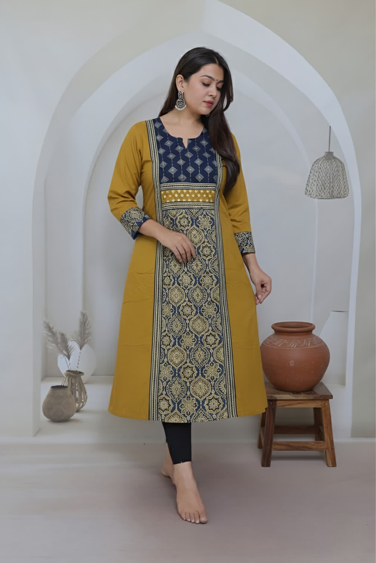 Priya Mustard Ajarakh Mirror Straight Kurti