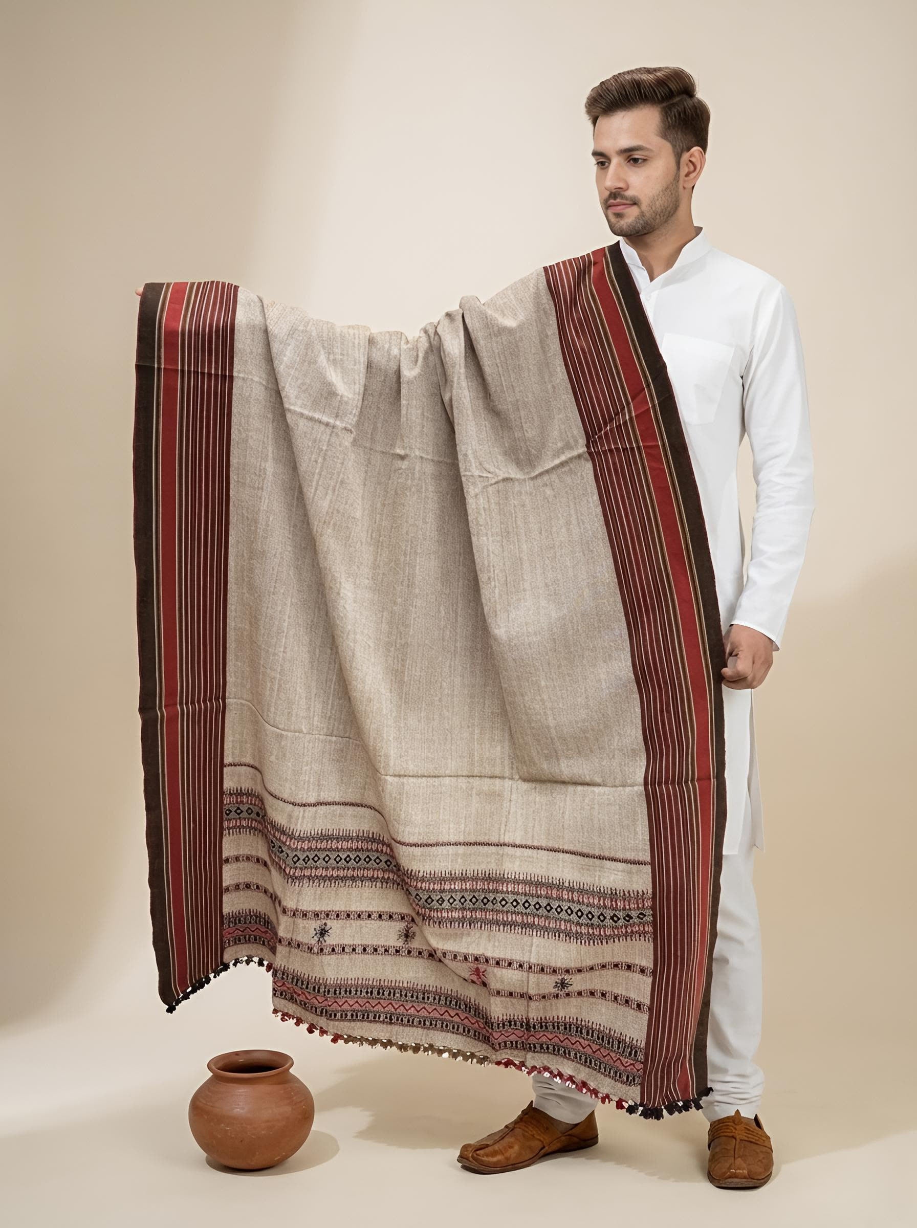 Kutch Traditional Coffee Handwoven Bhujodi Woolen Shawl