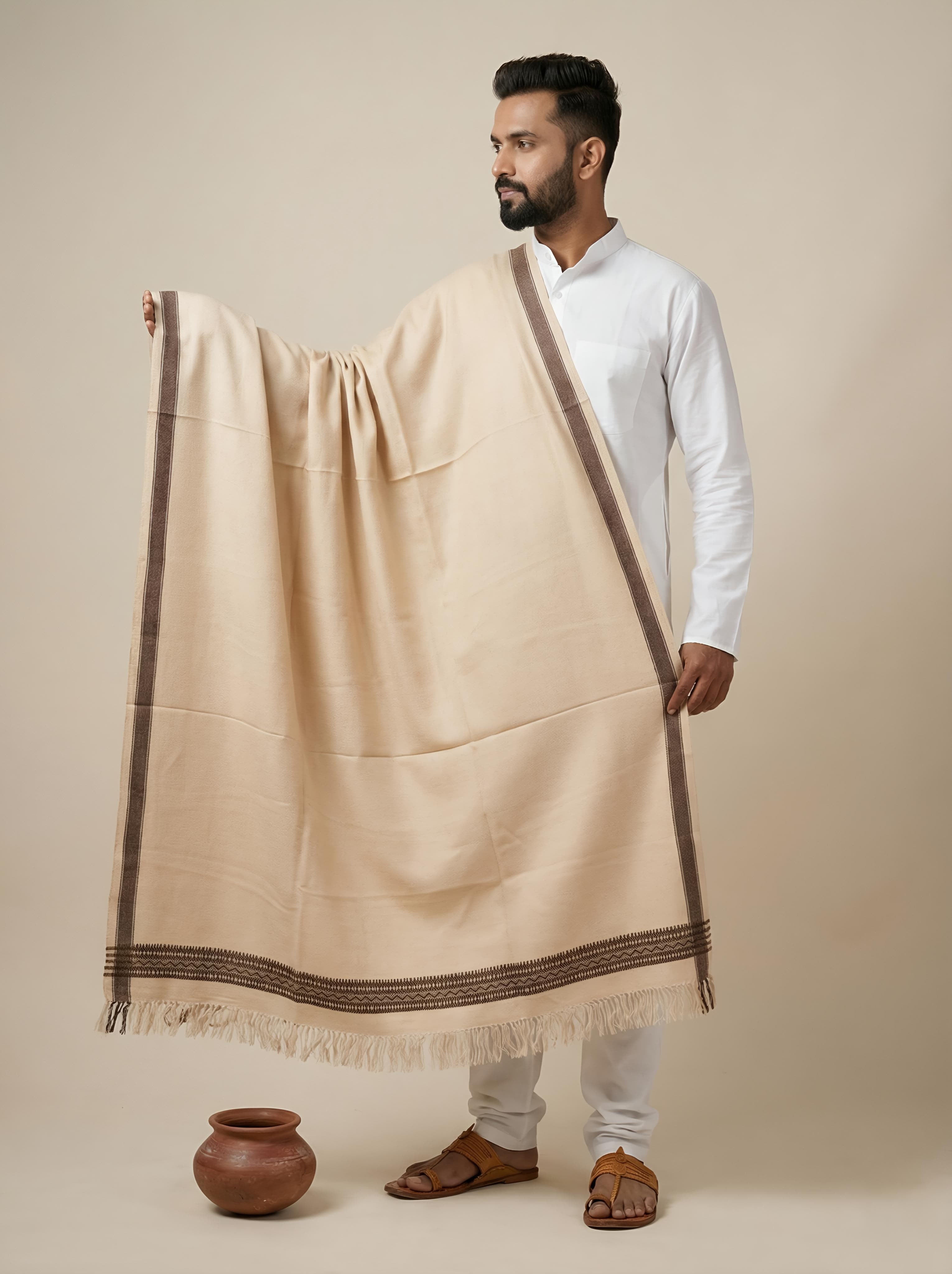 Beige Handwoven Bhujodi Woolen Shawl