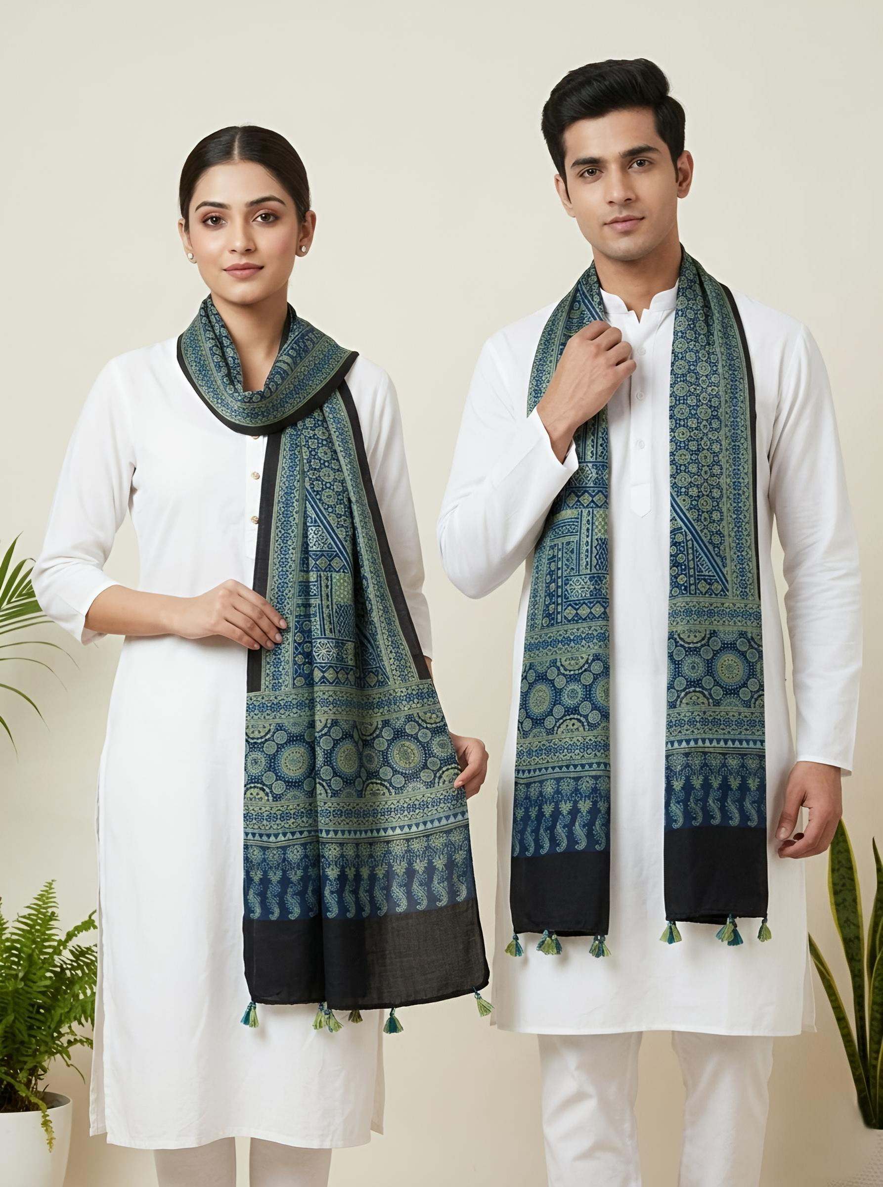 Ajrakh Natural Dyed Mashroo Silk Stoles