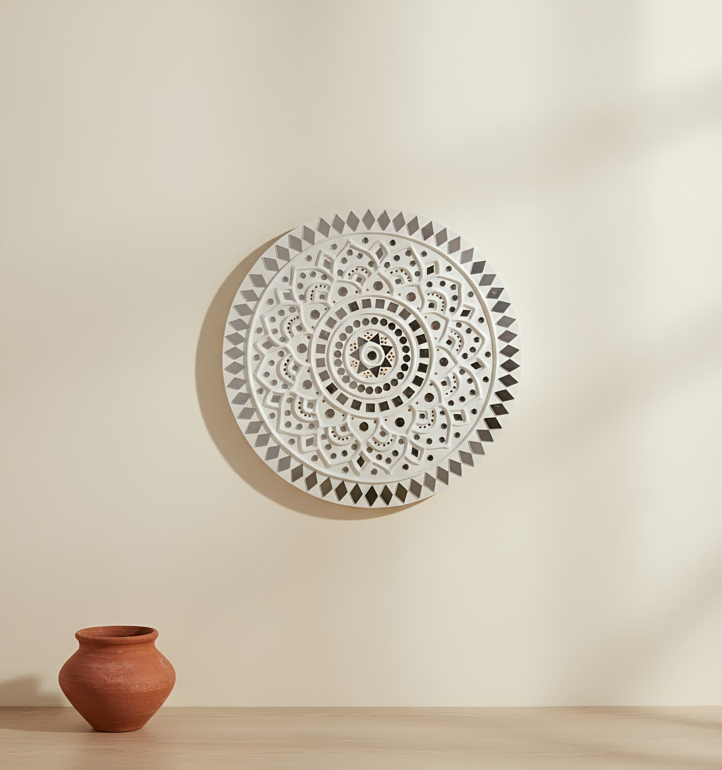 White Circle Mud Work Frame Wall Decorative(12×12 inches)